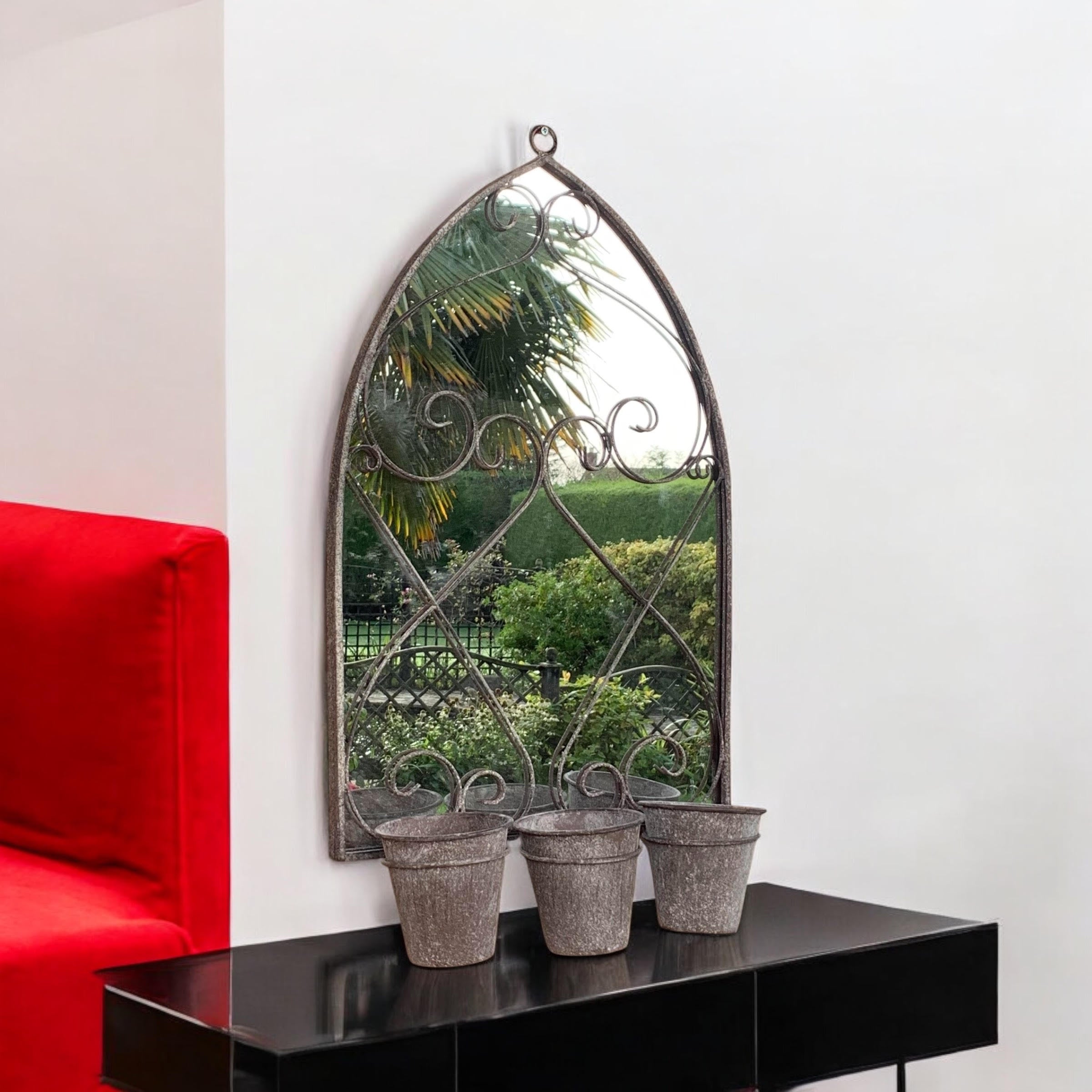 73CM RUSTY WALL MIRROR WITH TRIPLE PLANTER