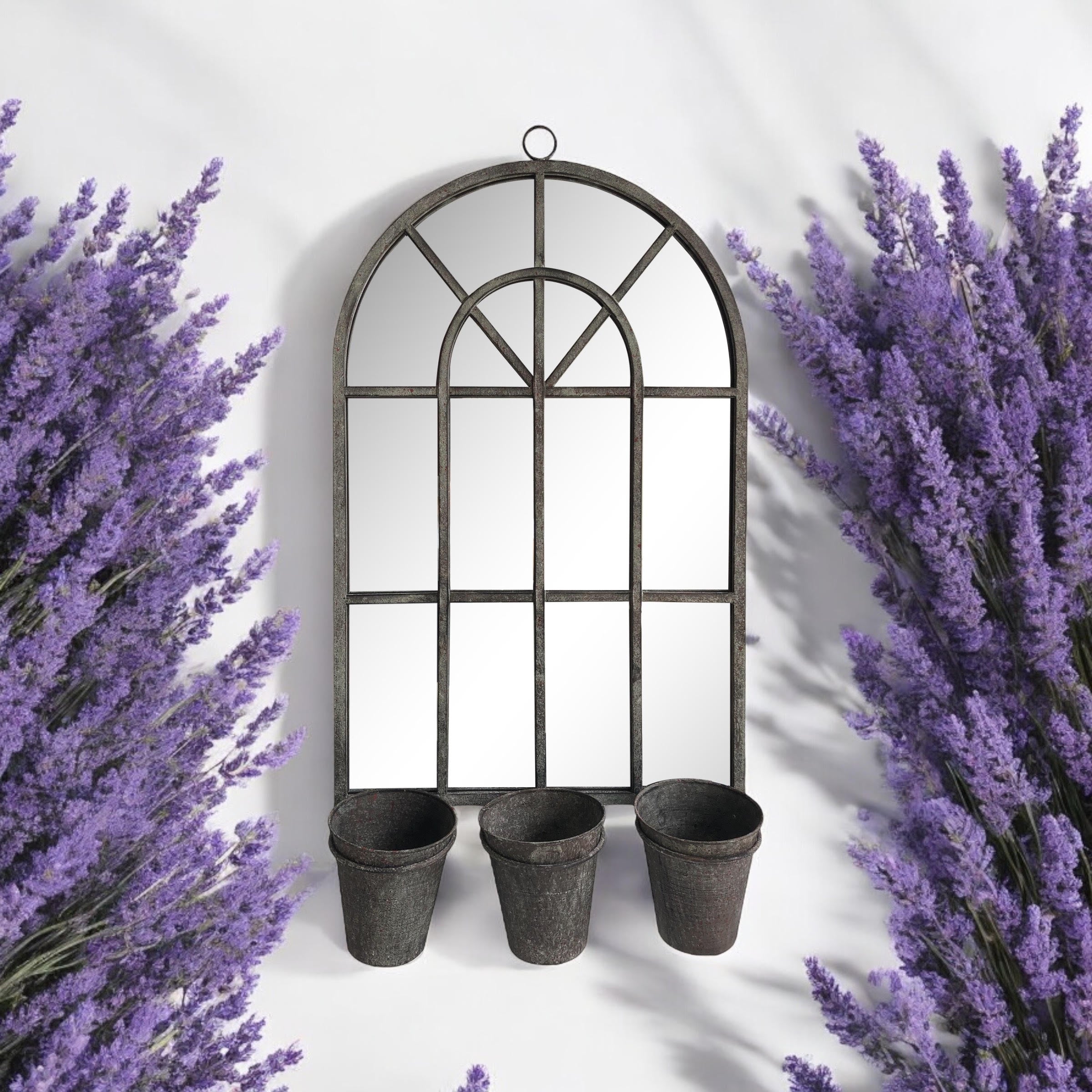 78CM RUSTY WALL MIRROR WITH TRIPLE PLANTER