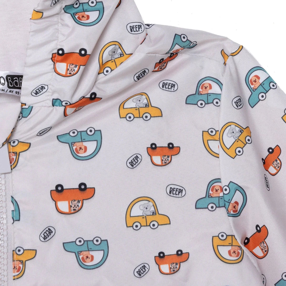 HelloBaby Boys Raincoat Car Print Zip Fastening Hooded Long Sleeve - Ecru Printed