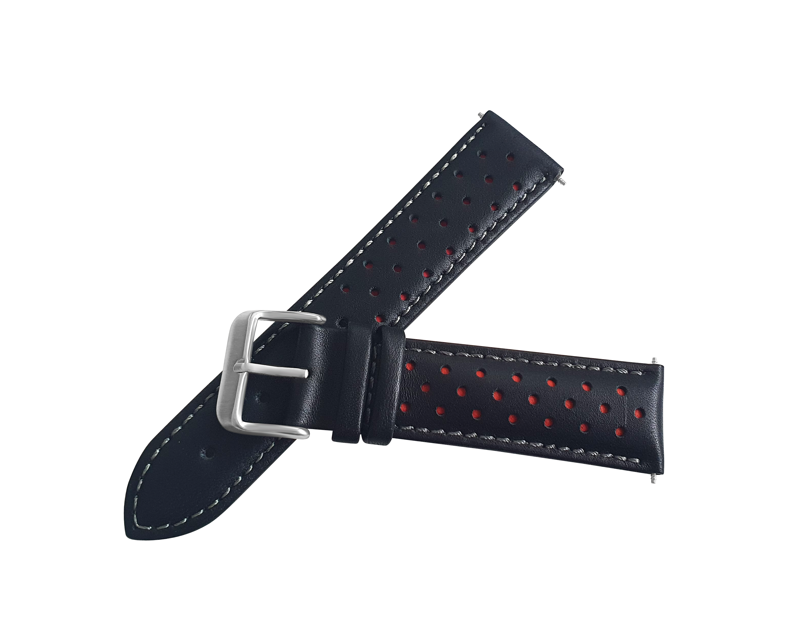 Black And Red Leather Rally Watch Strap, Silver Buckle
