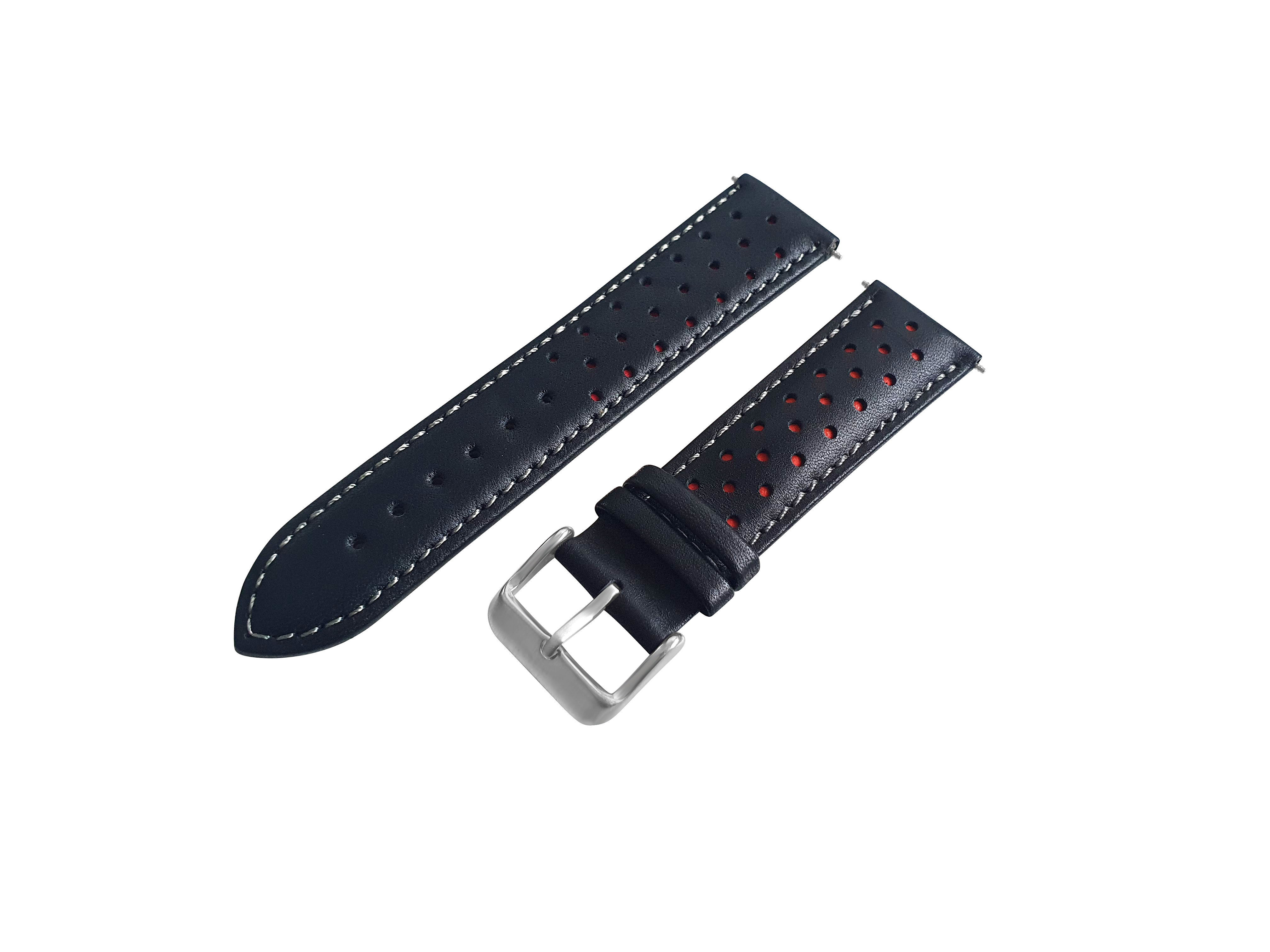 Black And Red Leather Rally Watch Strap, Silver Buckle