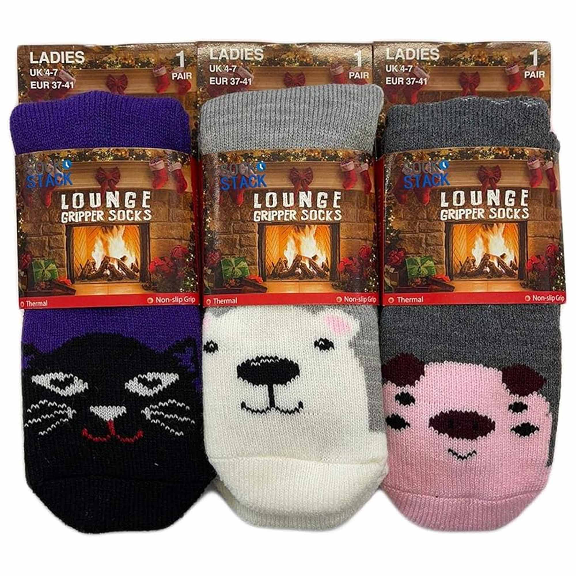 3 Pairs Women's Thermal Slipper Socks Adorable Animal Designs Polar Bears Kittens Perfect for Winter Lounging Gift Giving UK 4-7 EU 37-40 by Sock Stack