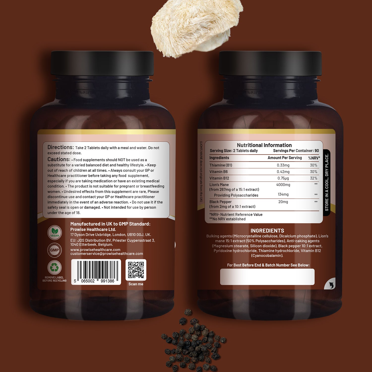 Lions Mane Mushroom Supplement 4000mg with Vitamin B1, B6, B12 & Black Pepper