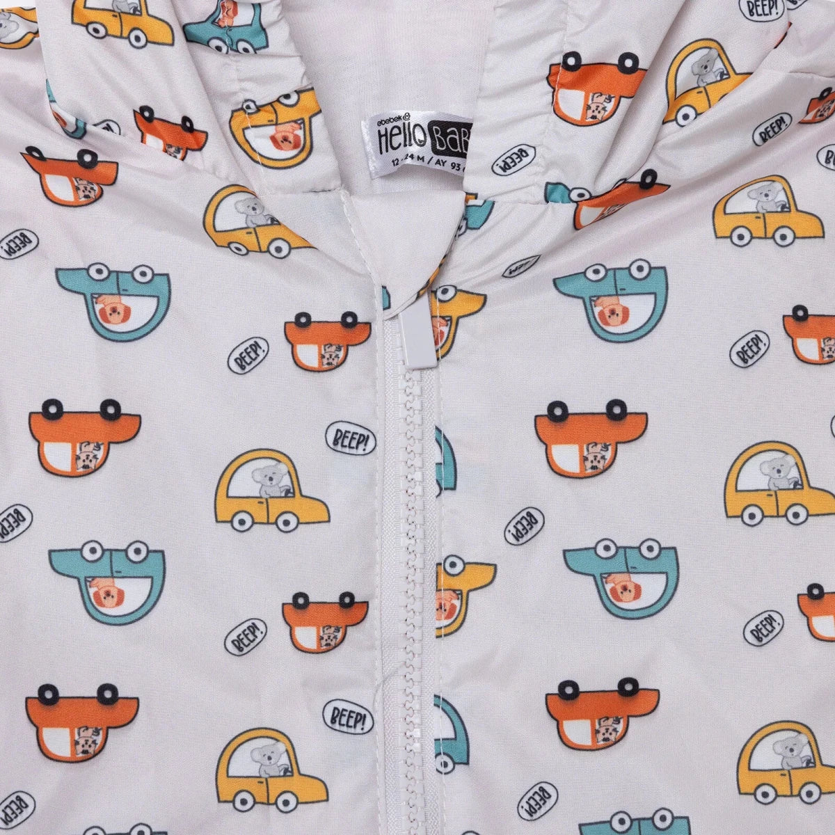 HelloBaby Boys Raincoat Car Print Zip Fastening Hooded Long Sleeve - Ecru Printed