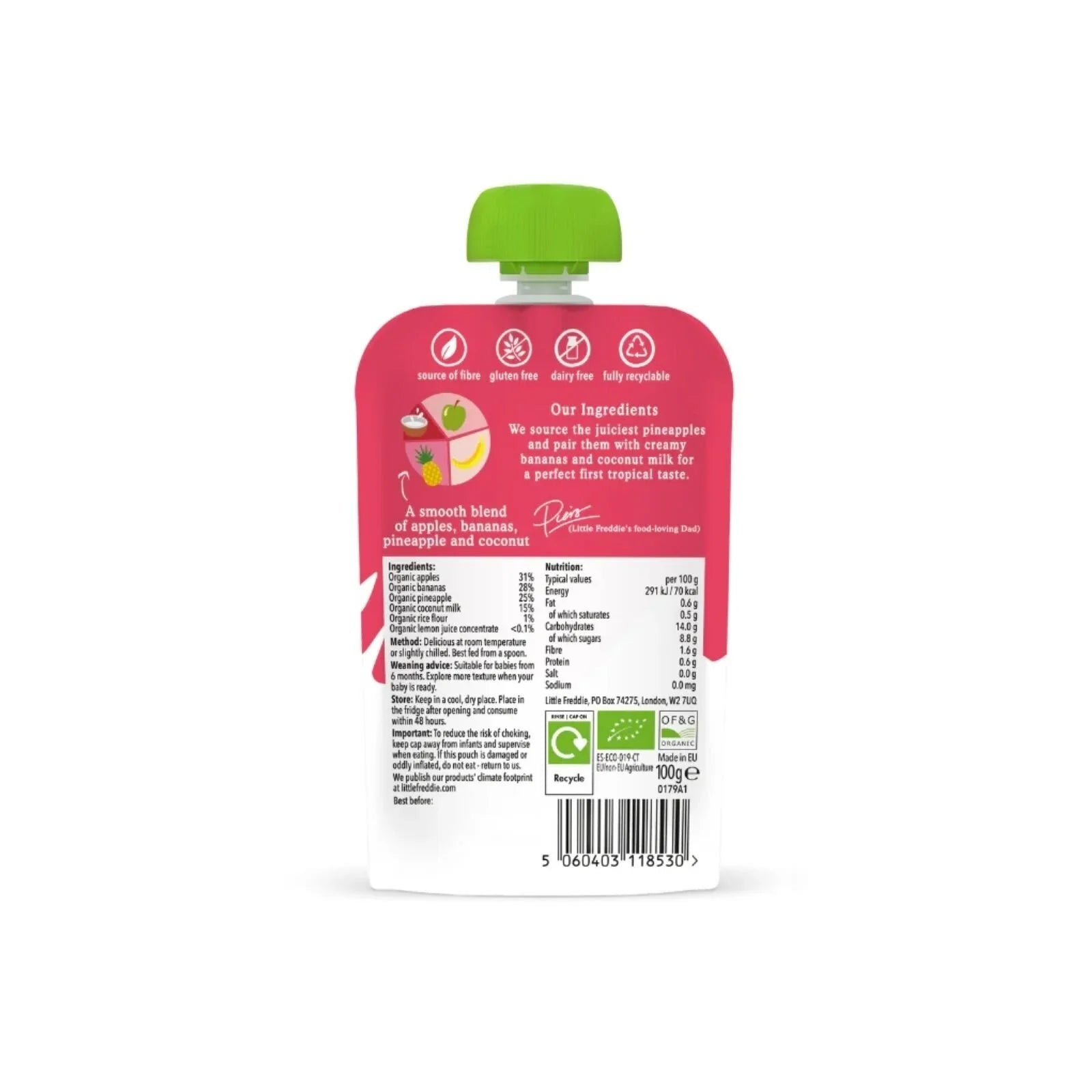 Little Freddie Organic Good for Brains Coconut & Tropical Fruits Baby Food Pouch with Omega 3 6+ months 100g