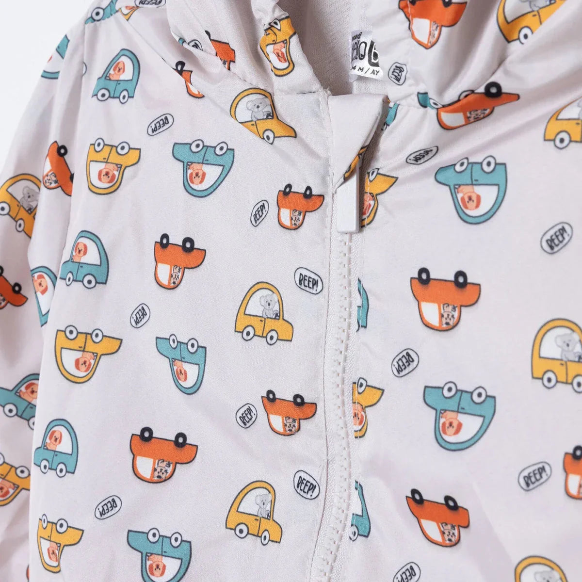 HelloBaby Boys Raincoat Car Print Zip Fastening Hooded Long Sleeve - Ecru Printed