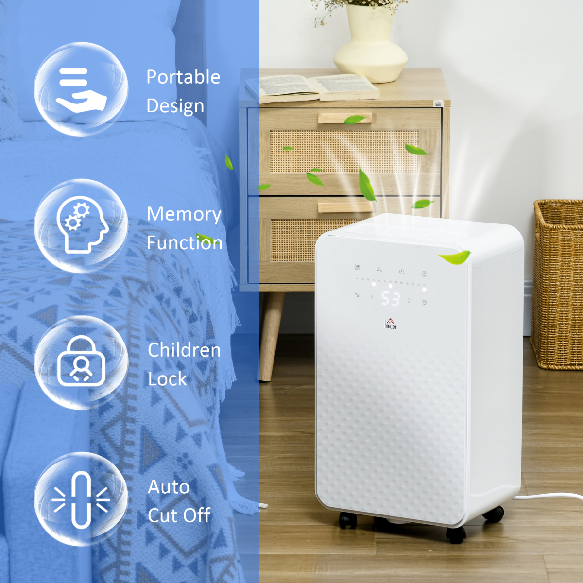 HOMCOM 10L/Day Protable Quiet Air Dehumidifier with Purifier, Timer, 5 Modes