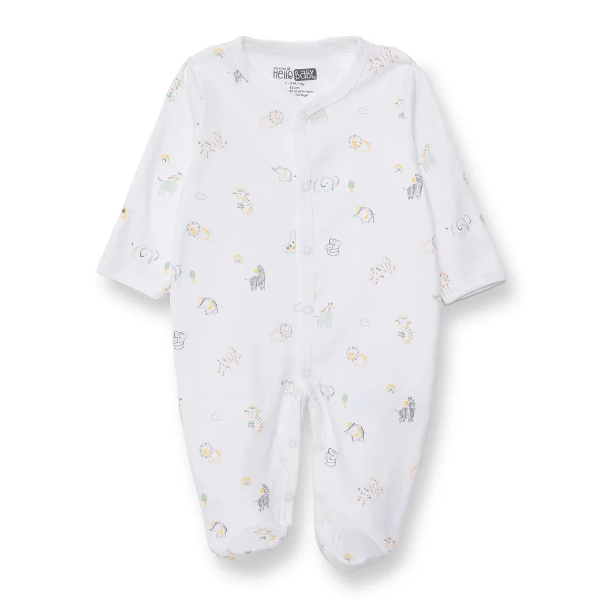HelloBaby Boys Footed Romper Animal with Poppers Crew Neck Long Leg Long Sleeve - White Printed