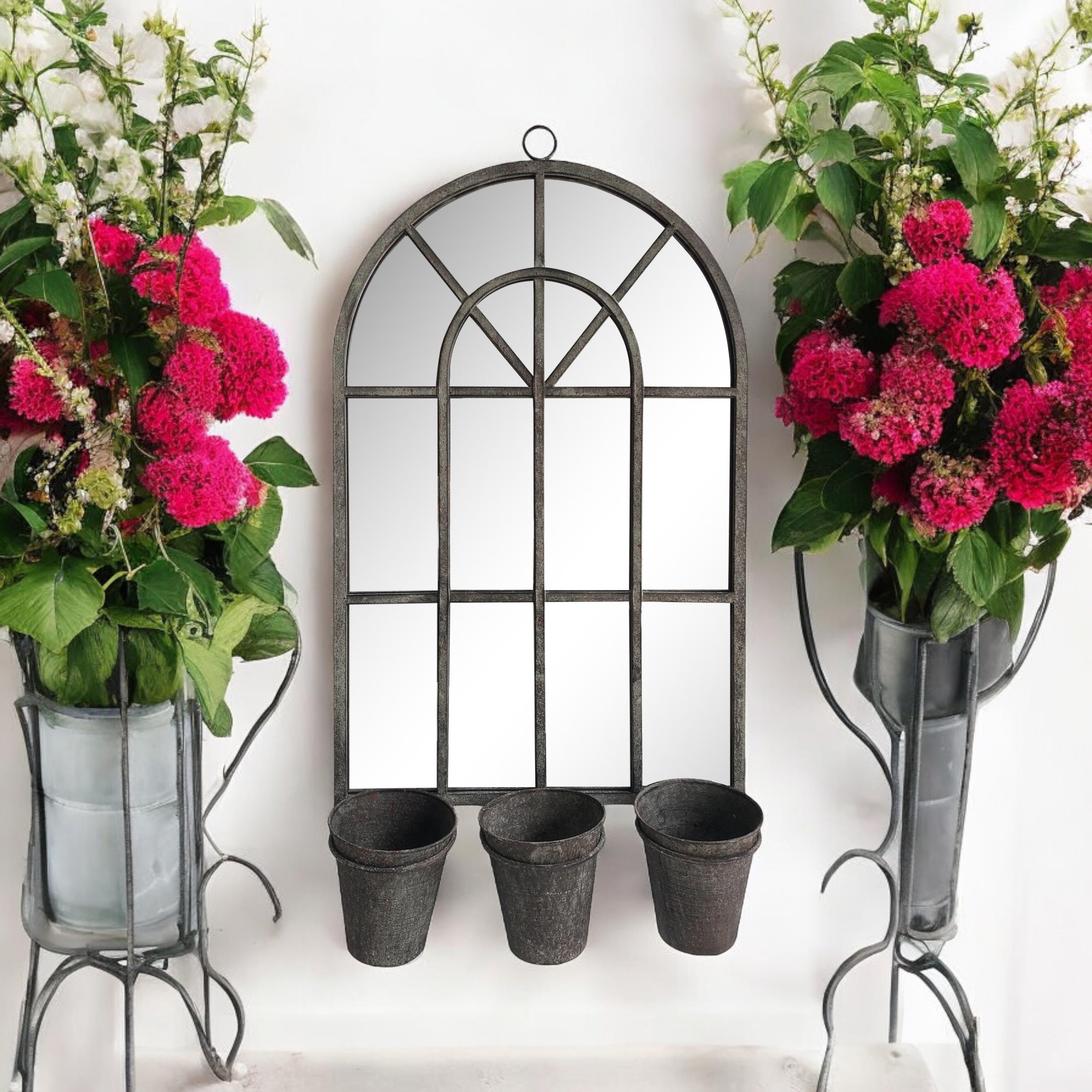 78CM RUSTY WALL MIRROR WITH TRIPLE PLANTER