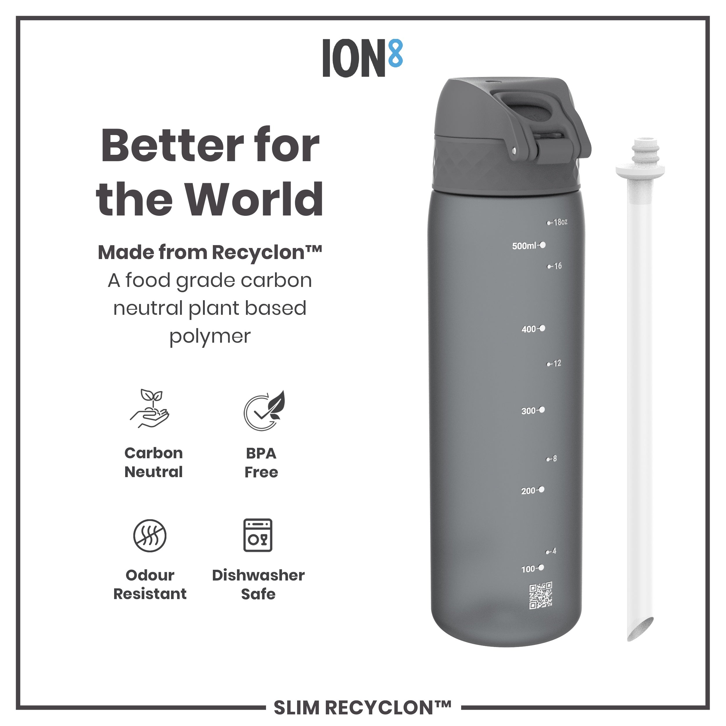 Leak Proof Medium Water Bottle with Straw, Recyclon, Grey, 500ml (18oz)
