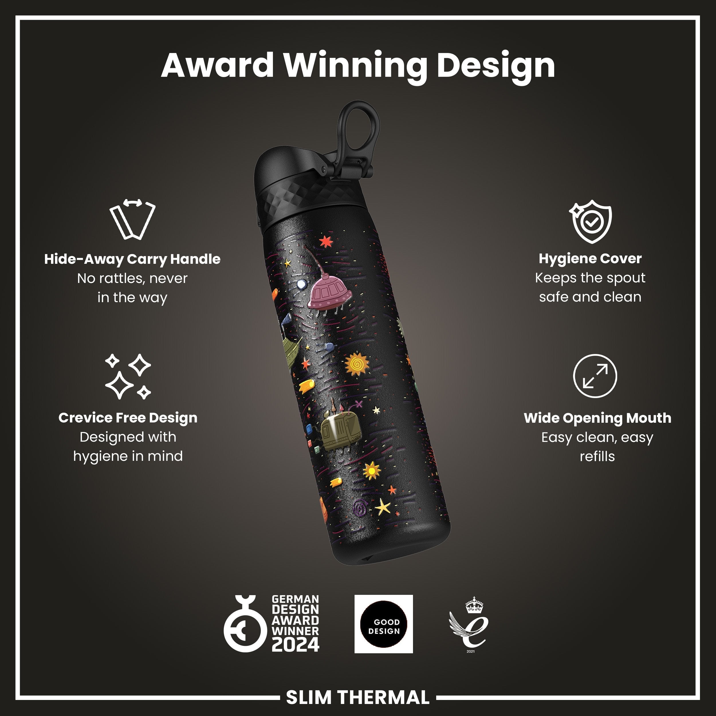 Leak Proof Slim Thermal Water Bottle, Insulated Steel, Spaceships, 500ml (17oz)