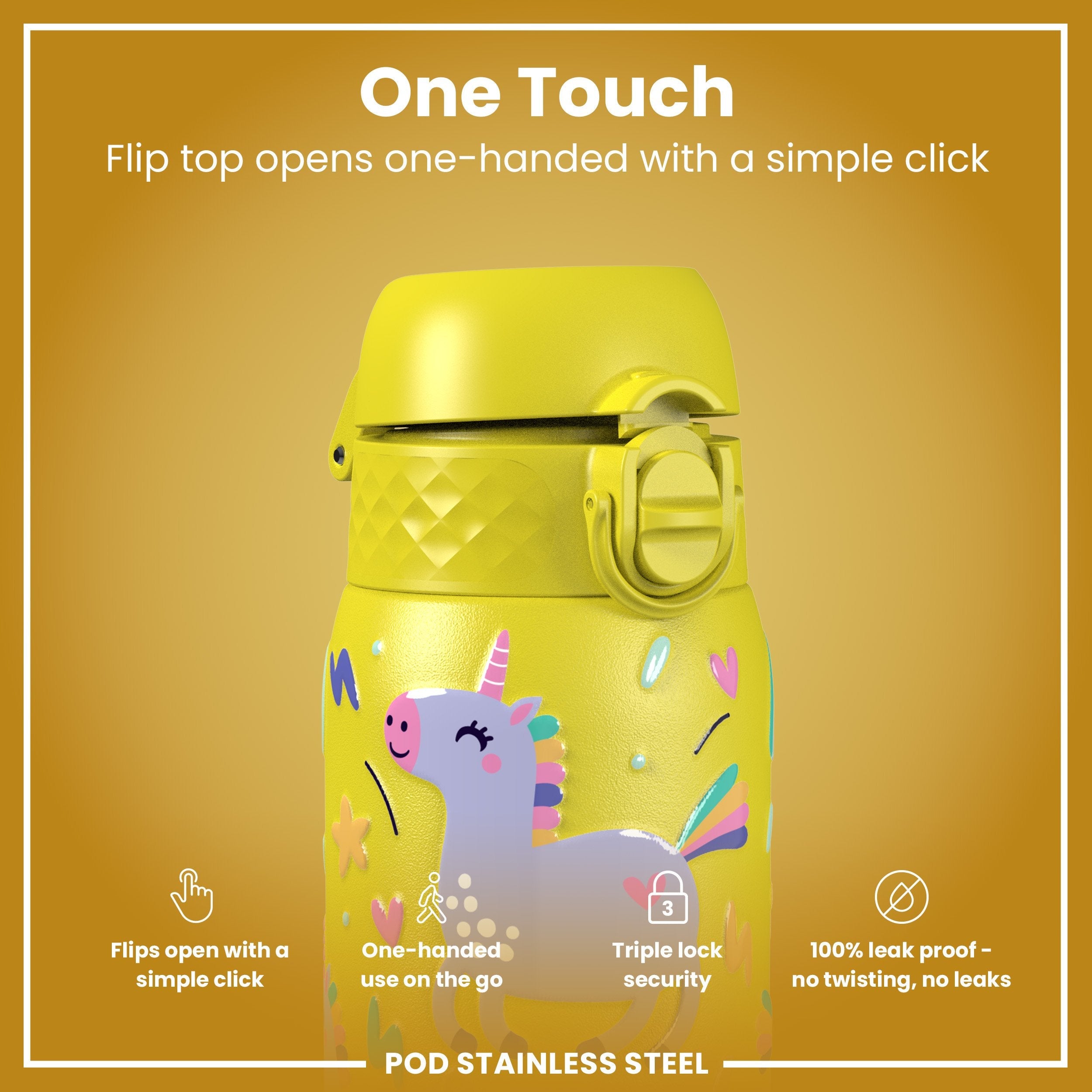Leak Proof Kids Water Bottle, Stainless Steel, Yellow Unicorns, 400ml (13oz)