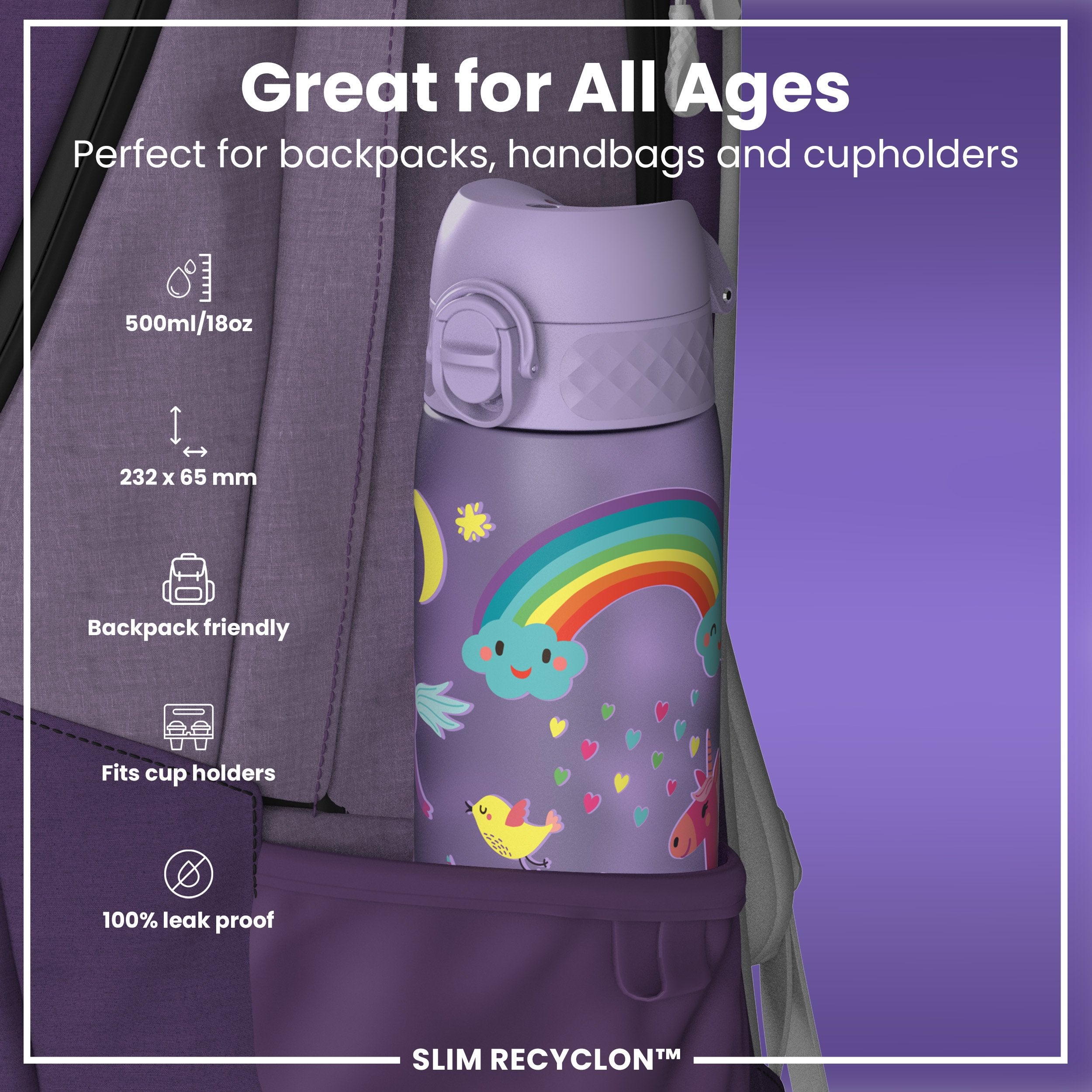 Leak Proof Slim Water Bottle, Recyclon, Purple Unicorns, 500ml (18oz)
