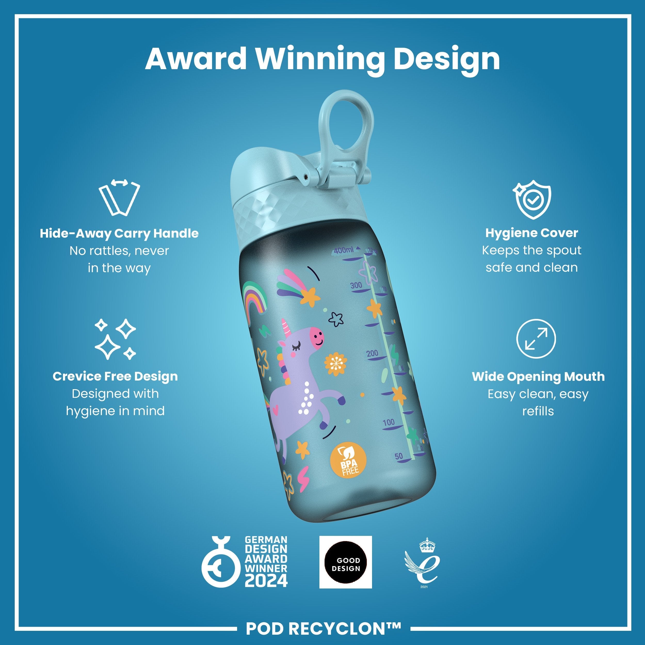 Leak Proof Kids Water Bottle, Recyclon, Blue Unicorns, 350ml (12oz)