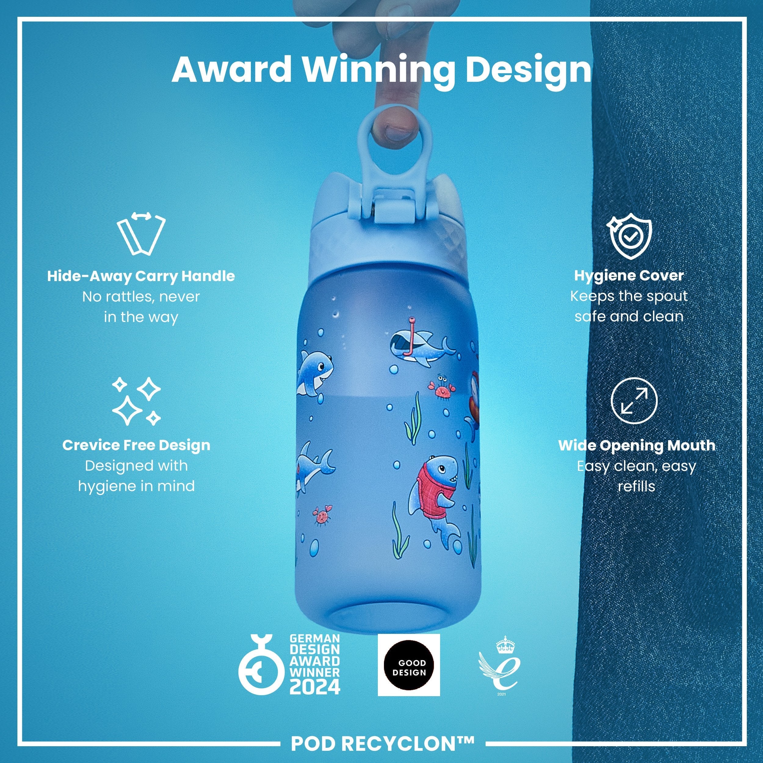 Leak Proof Kids Water Bottle, Recyclon, Sharks, 350ml (12oz)