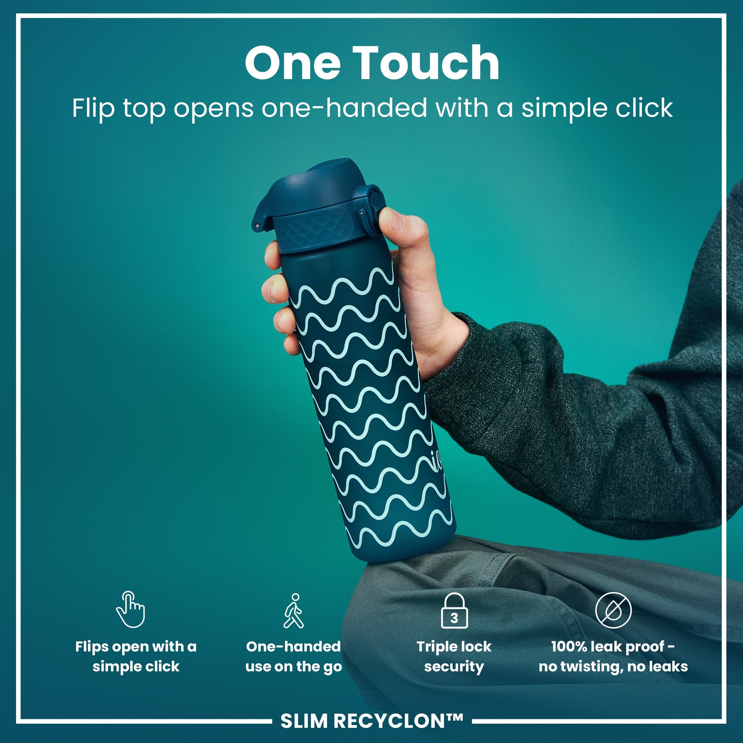 Leak Proof Slim Water Bottle, Recyclon, Waves, 500ml (18oz)
