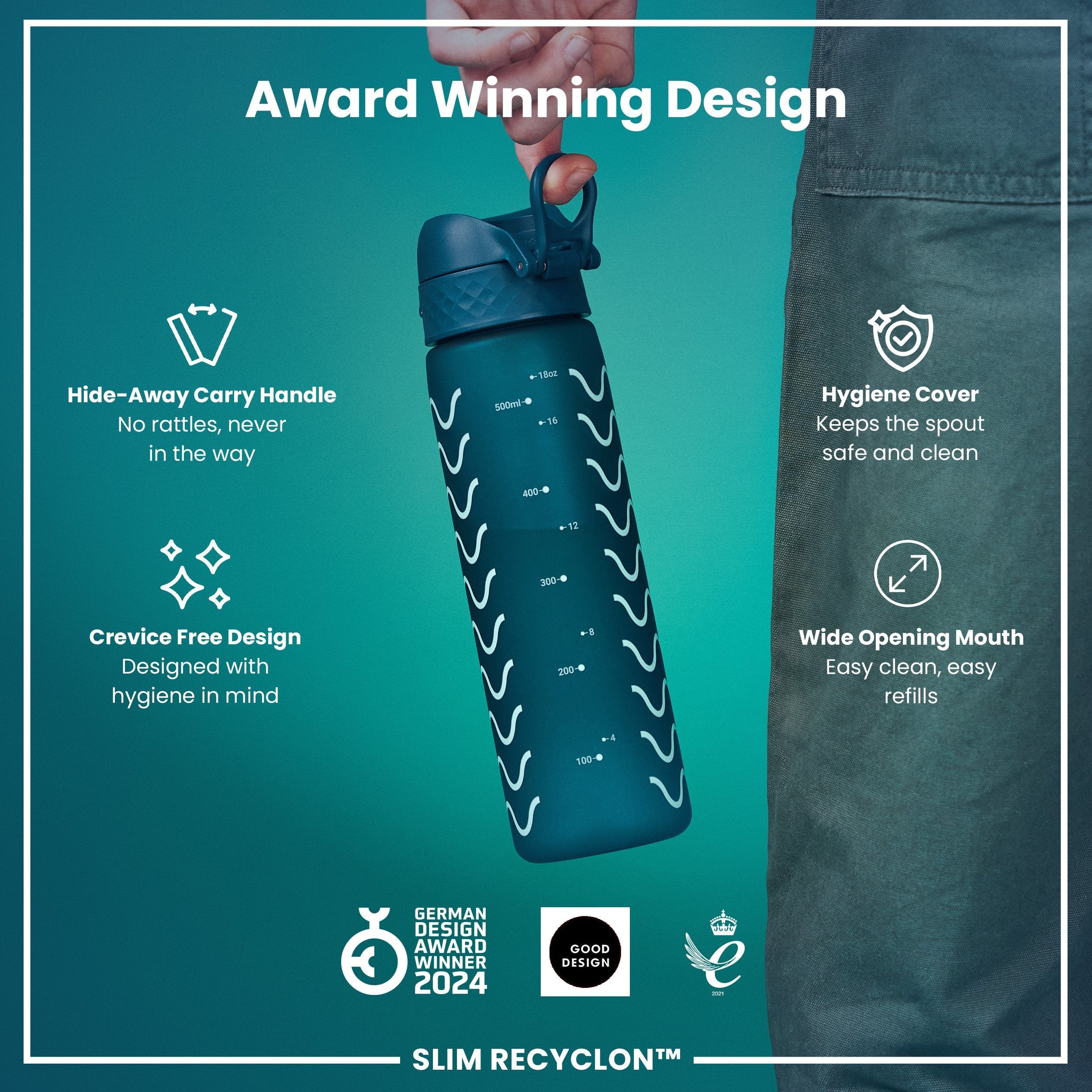 Leak Proof Slim Water Bottle, Recyclon, Waves, 500ml (18oz)