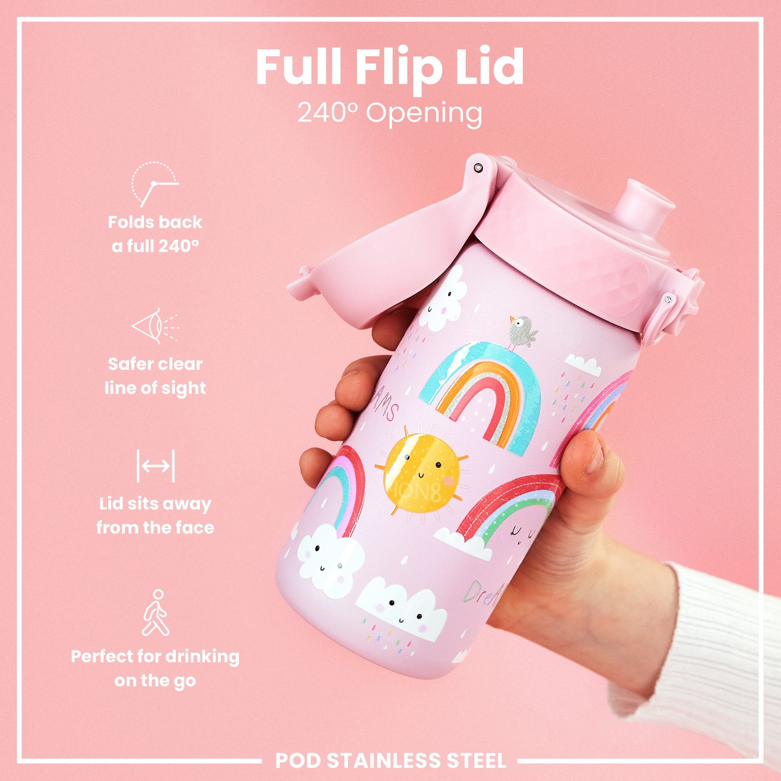 Leak Proof Kids Water Bottle, Stainless Steel, Rainbows, 400ml (13oz)