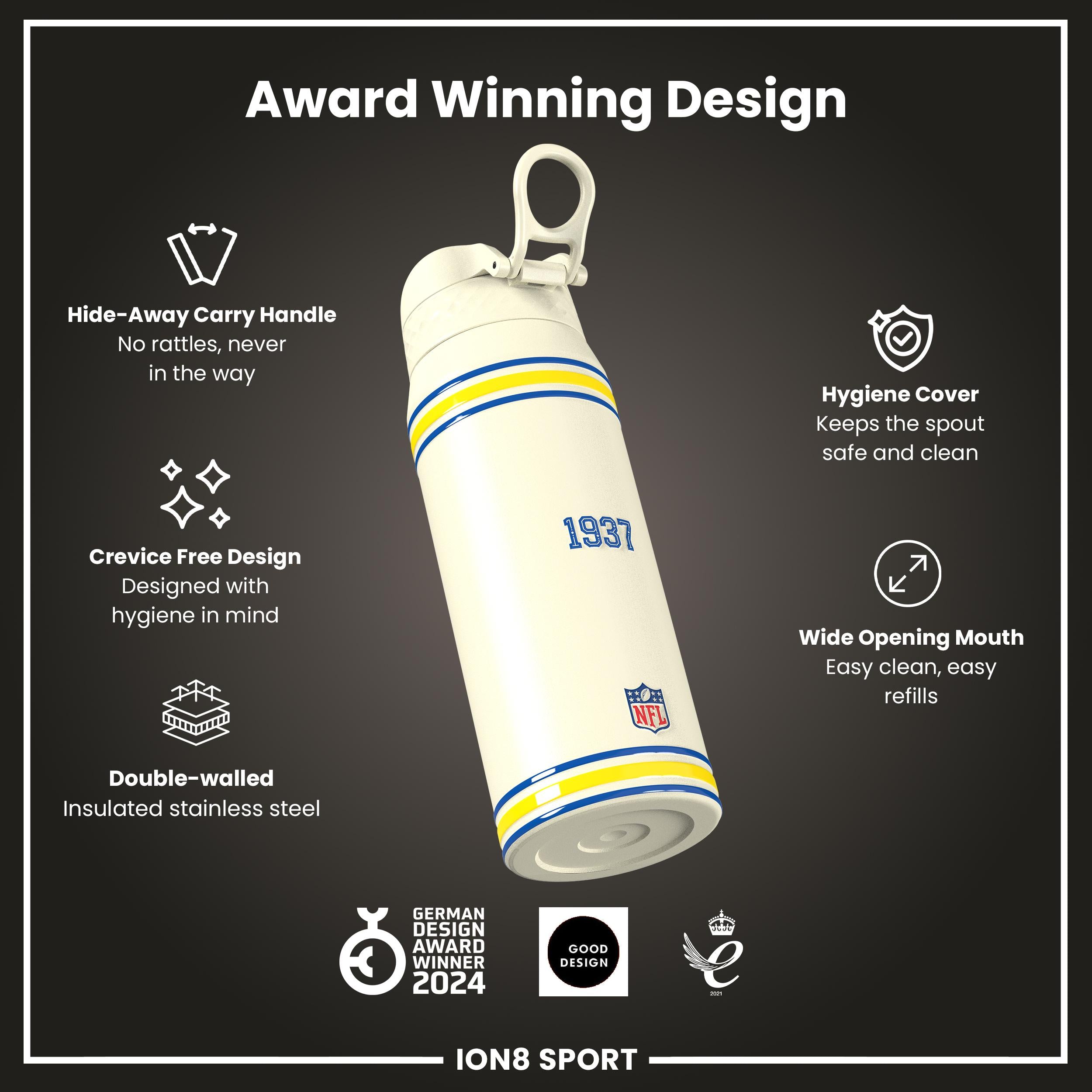 NFL x ION8 Insulated Steel Water Bottle, NFL Rams, 750ml (24oz)