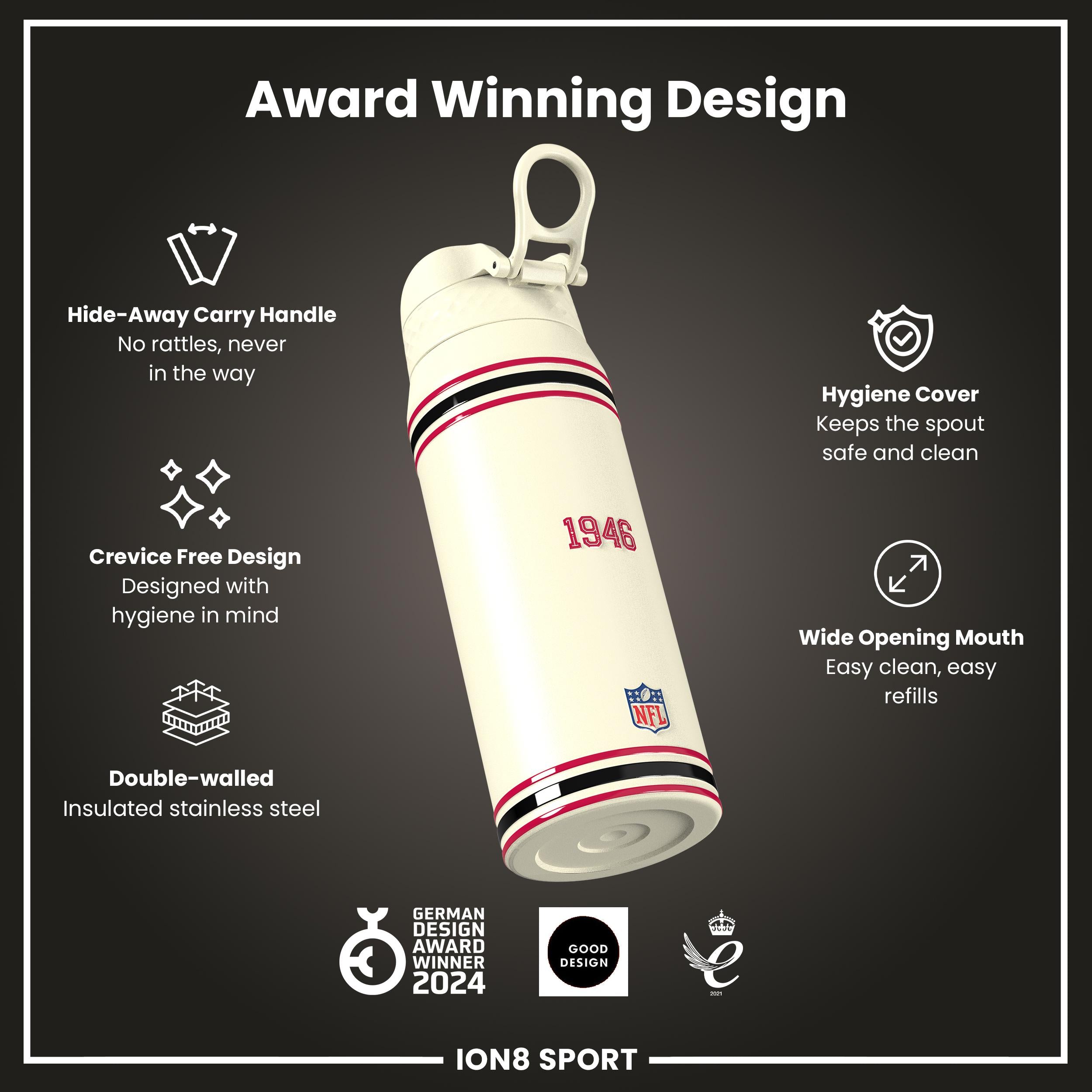 NFL x ION8 Insulated Steel Water Bottle, NFL 49ers, 750ml (24oz)