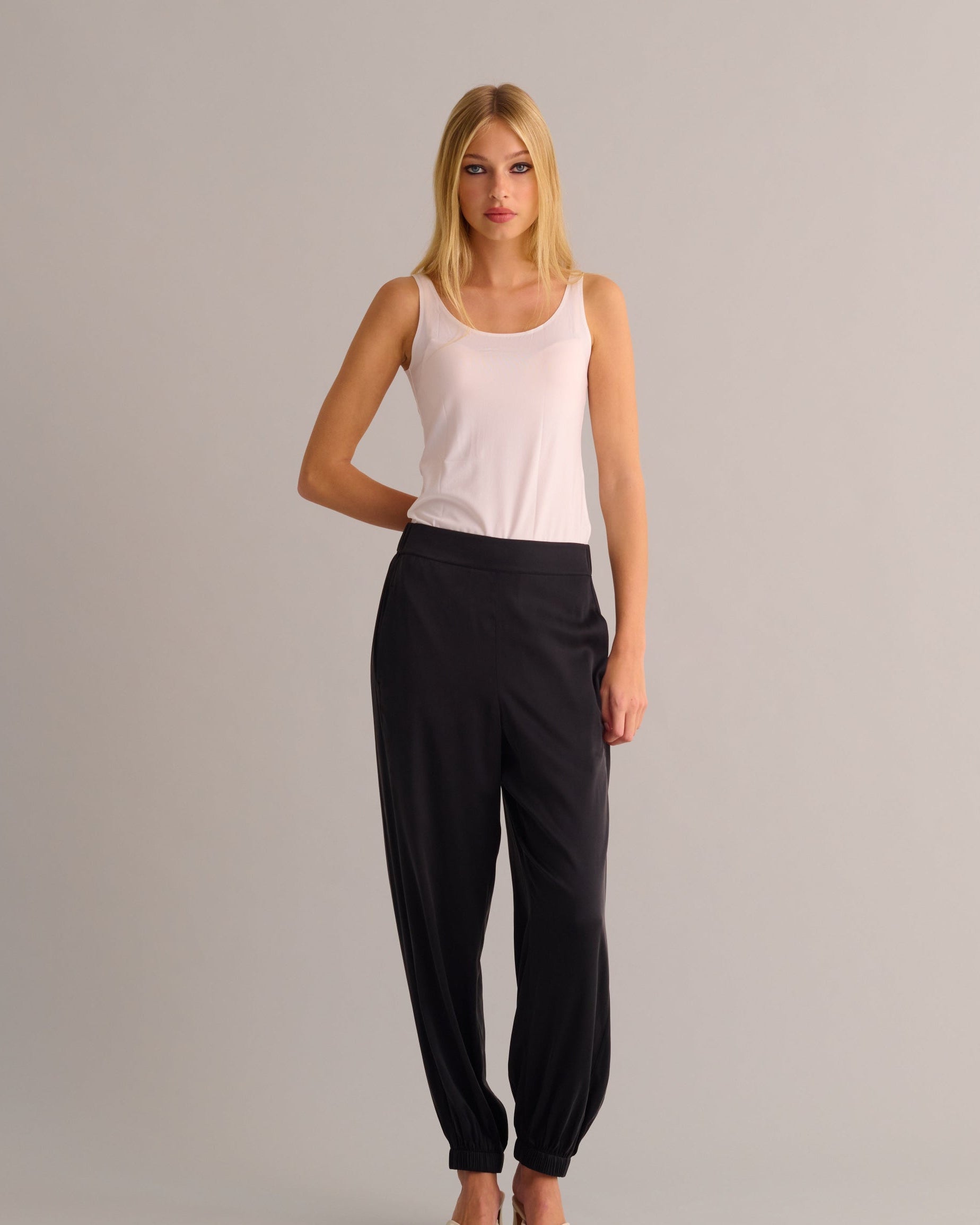 Black Washable Organic Stretch Silk Cuffed Joggers
