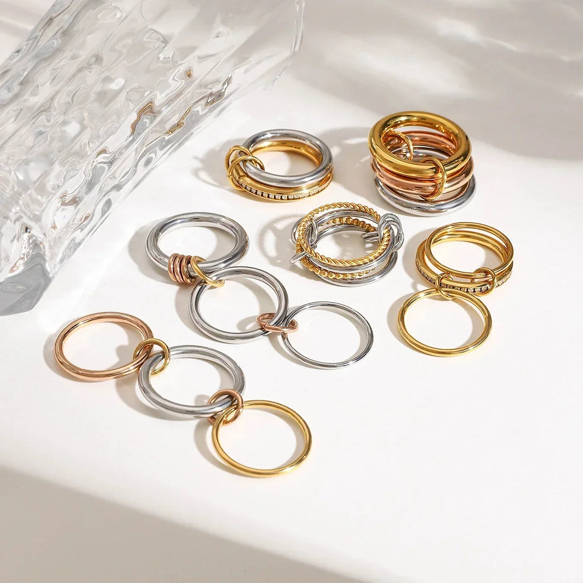 18K Elegant Silver&Bronze&Gold Stacked Rings