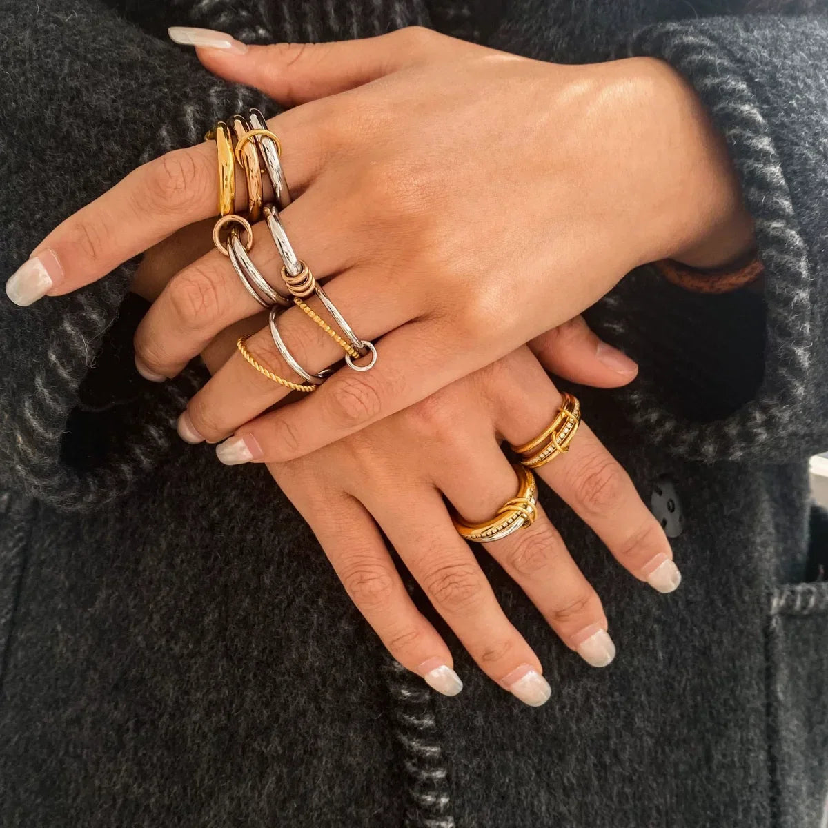 18K Elegant Silver&Bronze&Gold Stacked Rings