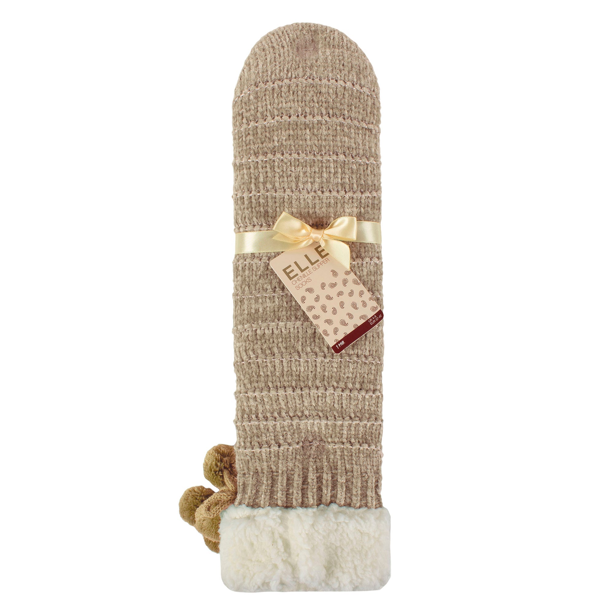 1 Pair Ladies Chenille Slipper Socks with Moccasin Sole - Soft Cosy Comfort