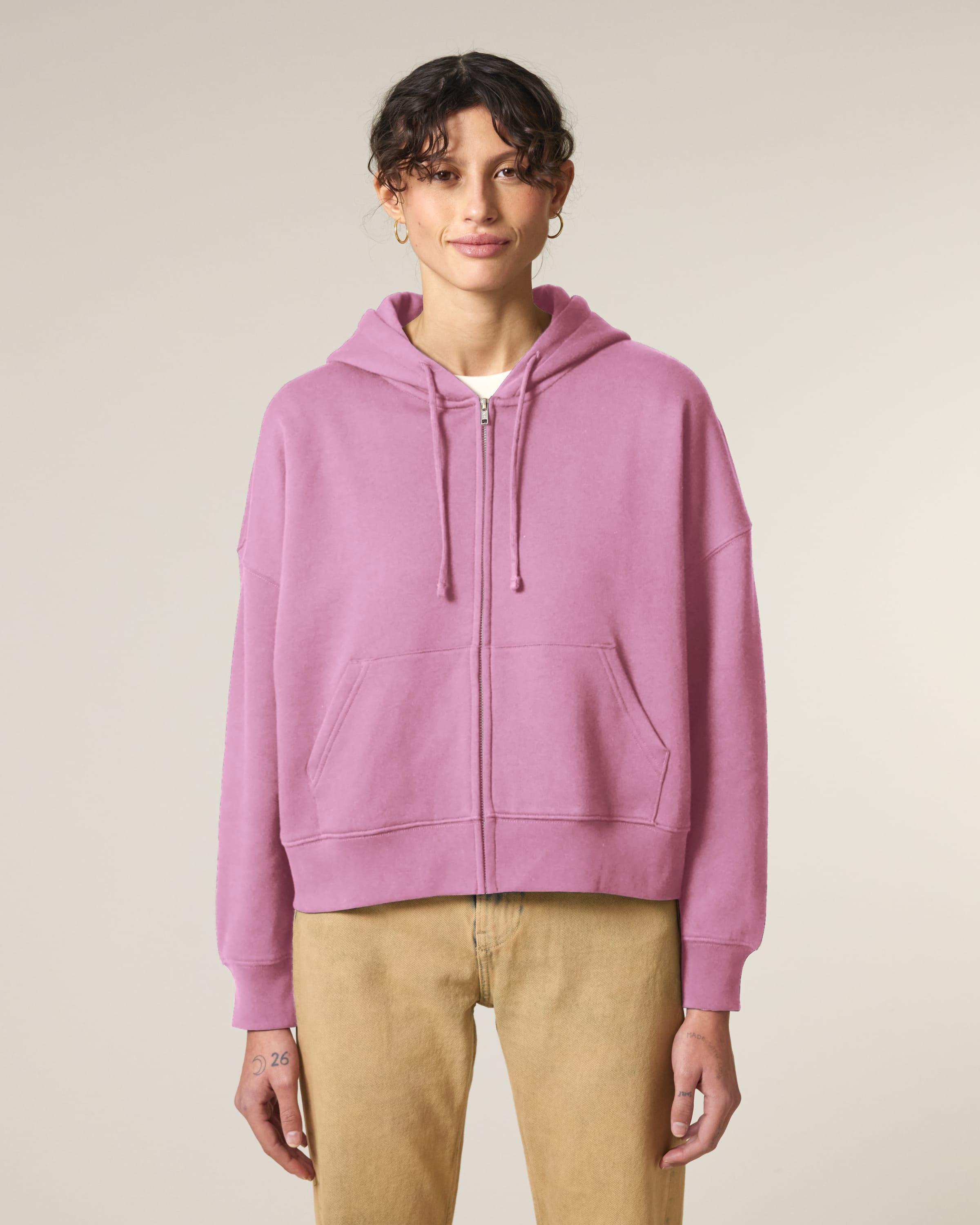 Organic Dropped Shoulder Zipped Hoodie: Womens