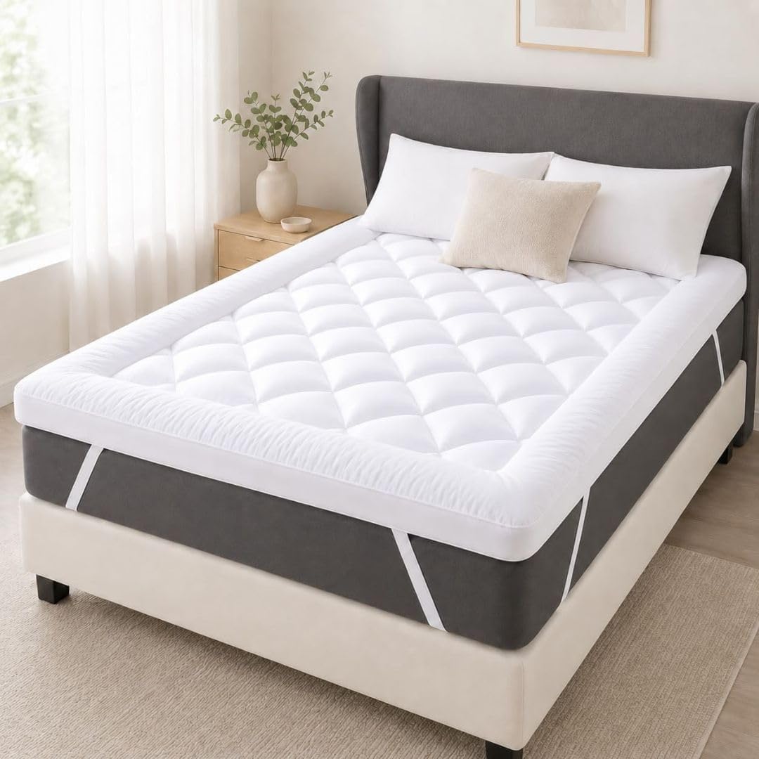 Diva Home & Textile 10cm Thick White Mattress Topper 1200GSM Hollow Fiber Fill Back Support, Microfibre Diamond Quilted Toppers
