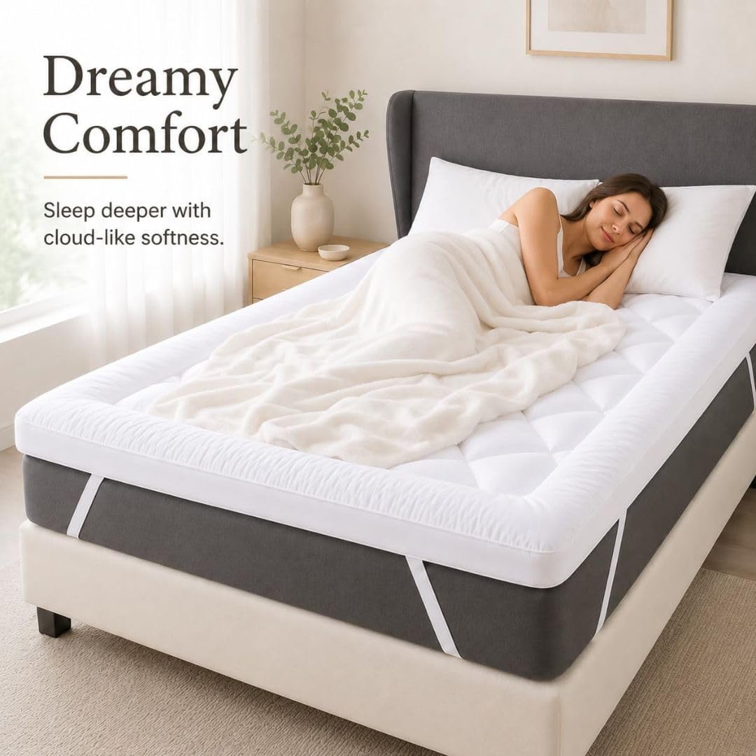 Diva Home & Textile 10cm Thick White Mattress Topper 1200GSM Hollow Fiber Fill Back Support, Microfibre Diamond Quilted Toppers