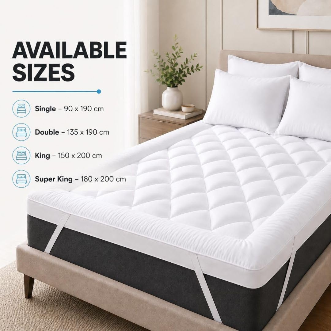 Diva Home & Textile 10cm Thick White Mattress Topper 1200GSM Hollow Fiber Fill Back Support, Microfibre Diamond Quilted Toppers