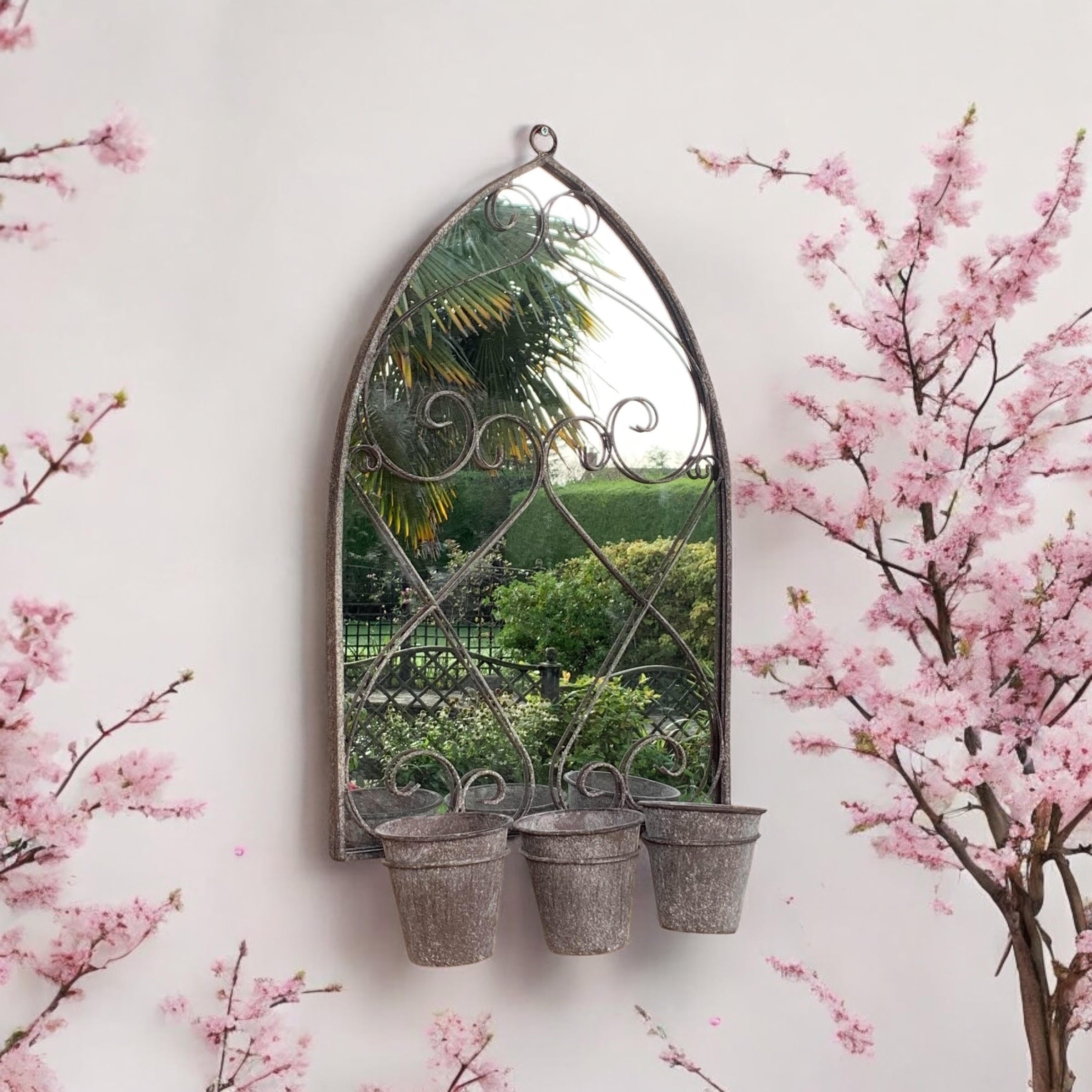 73CM RUSTY WALL MIRROR WITH TRIPLE PLANTER