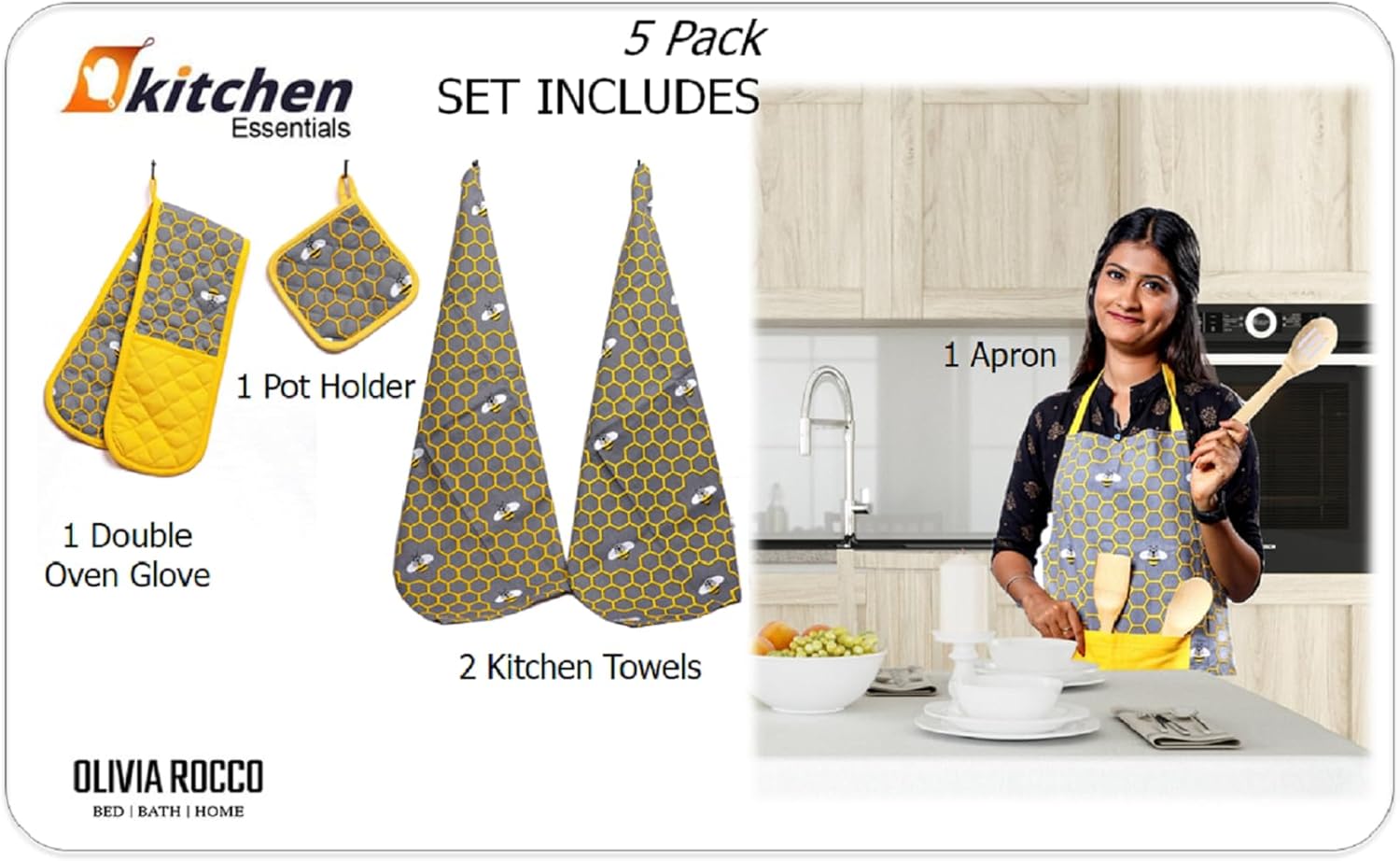Kitchen Sets Apron Double Oven Gloves Towel Set Heat Resistant Oven Mitts Pot Holder for Home Kitchen Baking and Cooking Pack of 5 by OLIVIA ROCCO