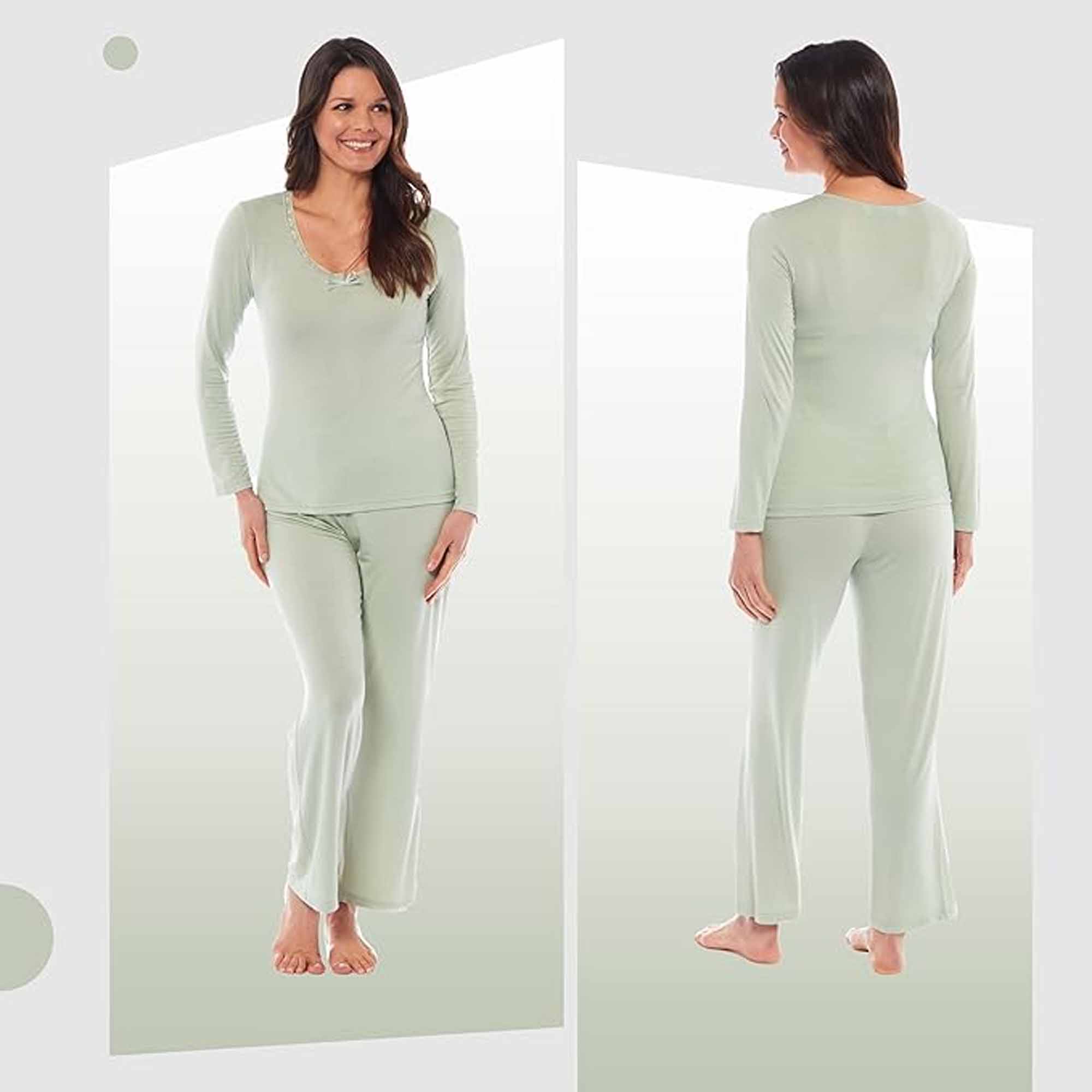 Ladies Ultra Soft Long Sleeve Pyjama Set Stretch Fit Black Green, Cozy All Seasons Loungewear, Viscose Spandex Women's Nightwear UK Sizes 8-22 by Daisy Dreamer