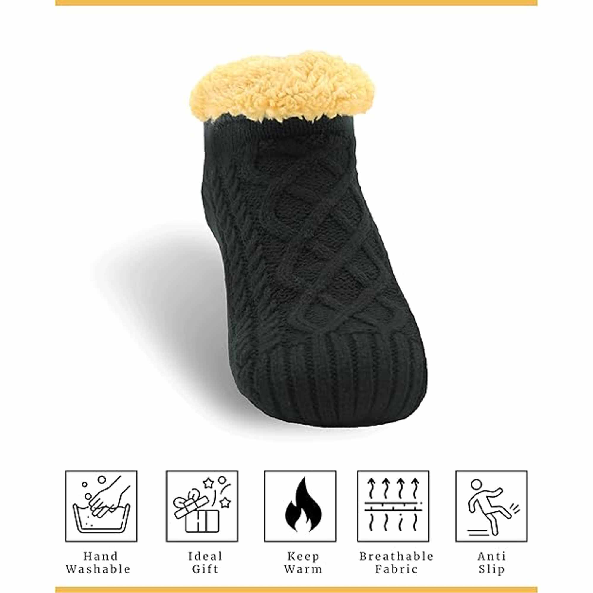 Luxurious Nordic Fluffy Sherpa Lined Slipper Socks for Men and Women Warm Non-Slip Indoor Winter House Shoes Fair Isle Black Navy Grey UK 4-7 8-12 by Sock Stack