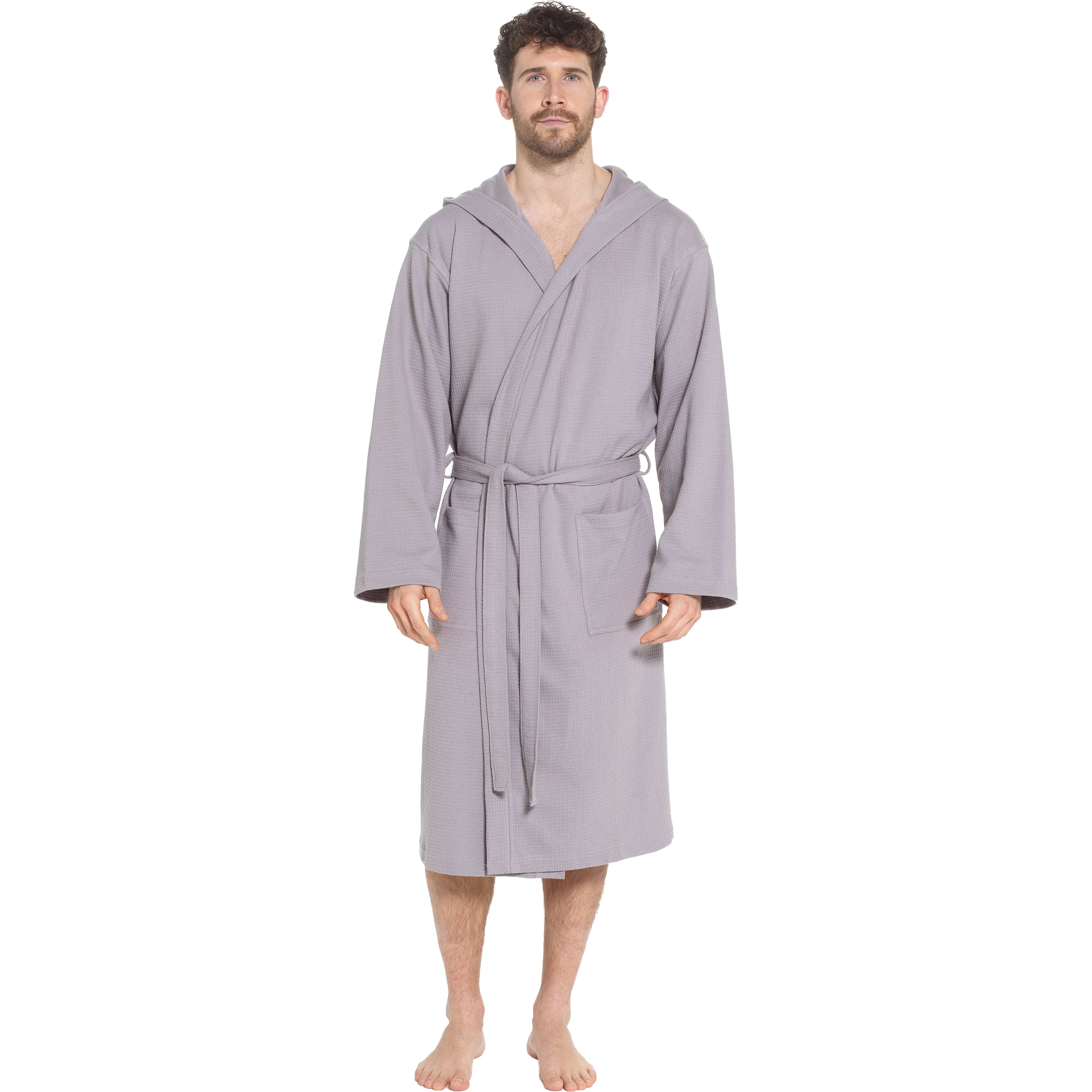 Men’s Hooded Waffle Cotton Bathrobe Grey Super Absorbent Spa Robe Luxury Dressing Gown for Home & Loungewear by Sock Stack