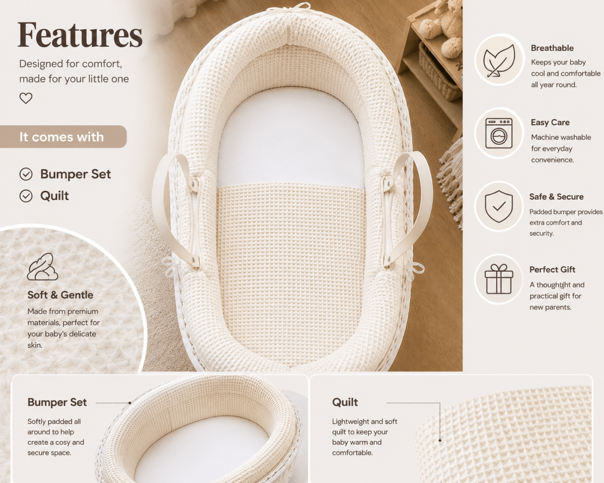 Pod Grey Waffle Moses Basket Bedding Set (Basket Not Included!)