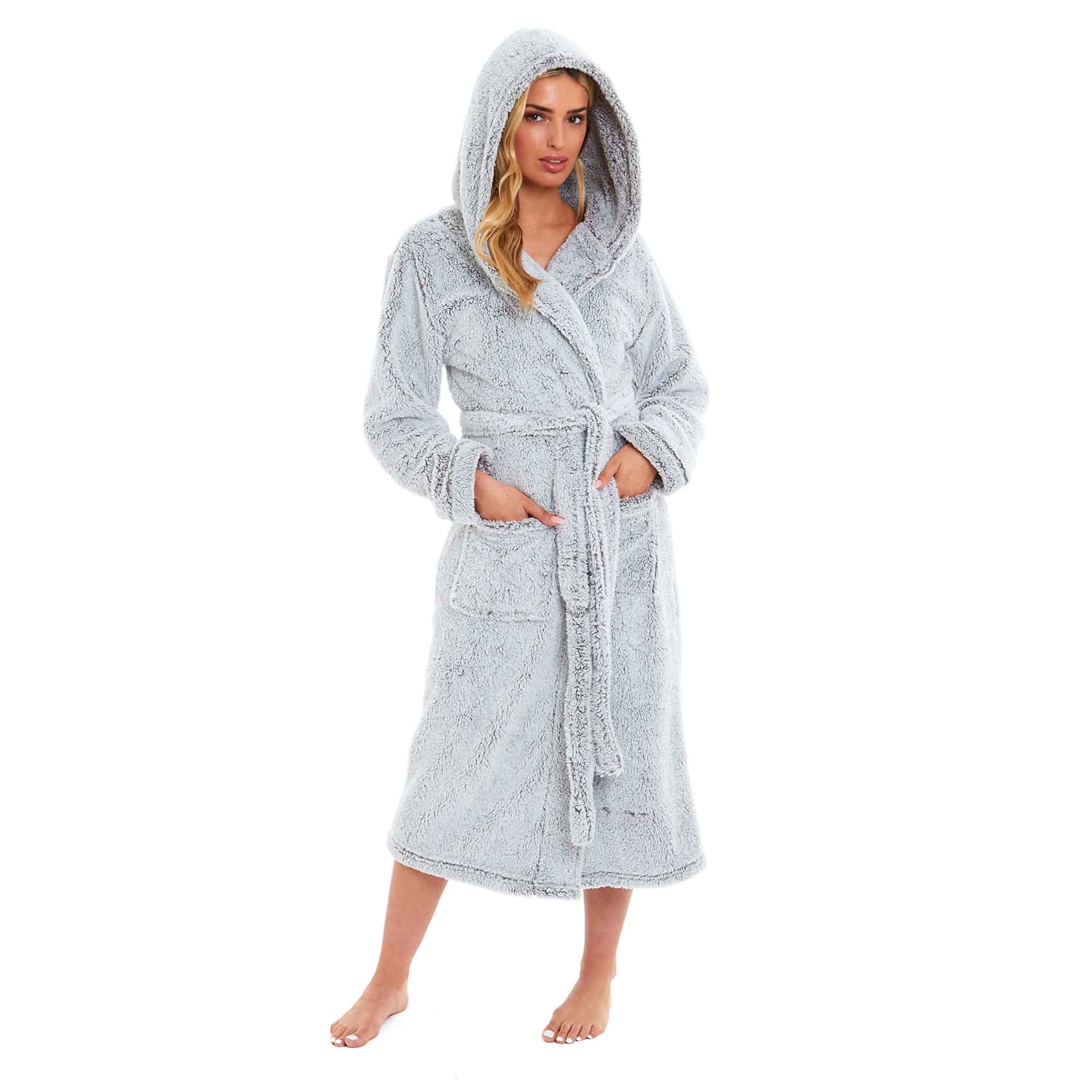 Women's Snuggle Fleece Touch Hooded Robe Luxurious Soft Loungewear Cosy Durable Dressing Gown UK Sizes 8-22 Green Grey Pink Green by Daisy Dreamer