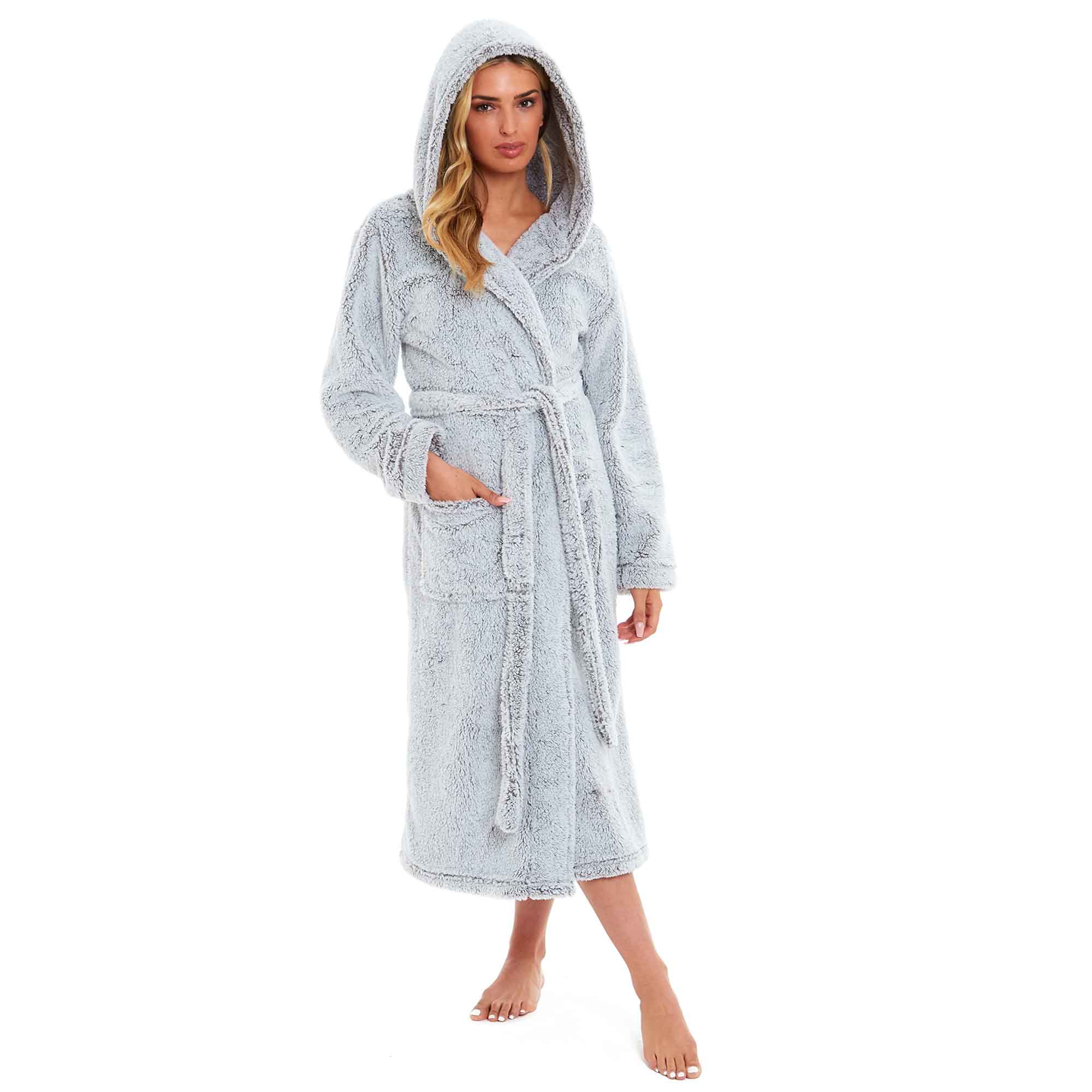 Women's Snuggle Fleece Touch Hooded Robe Luxurious Soft Loungewear Cosy Durable Dressing Gown UK Sizes 8-22 Green Grey Pink Green by Daisy Dreamer