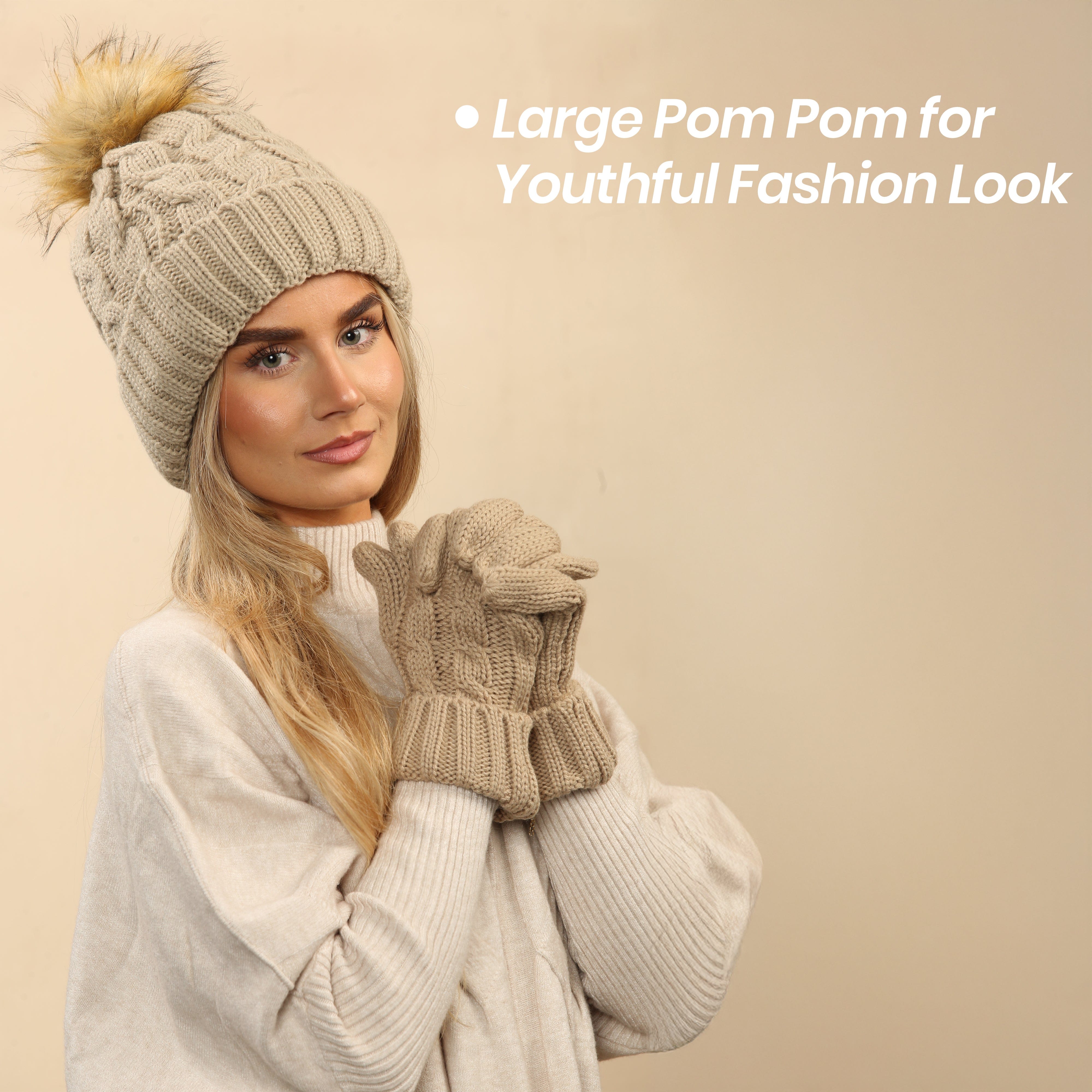 Women's Cream Chunky Knit Winter Hat & Gloves Set Faux Fur Pom Pom Warm & Stylish Beanie for Ladies By Heatwave Thermalwear