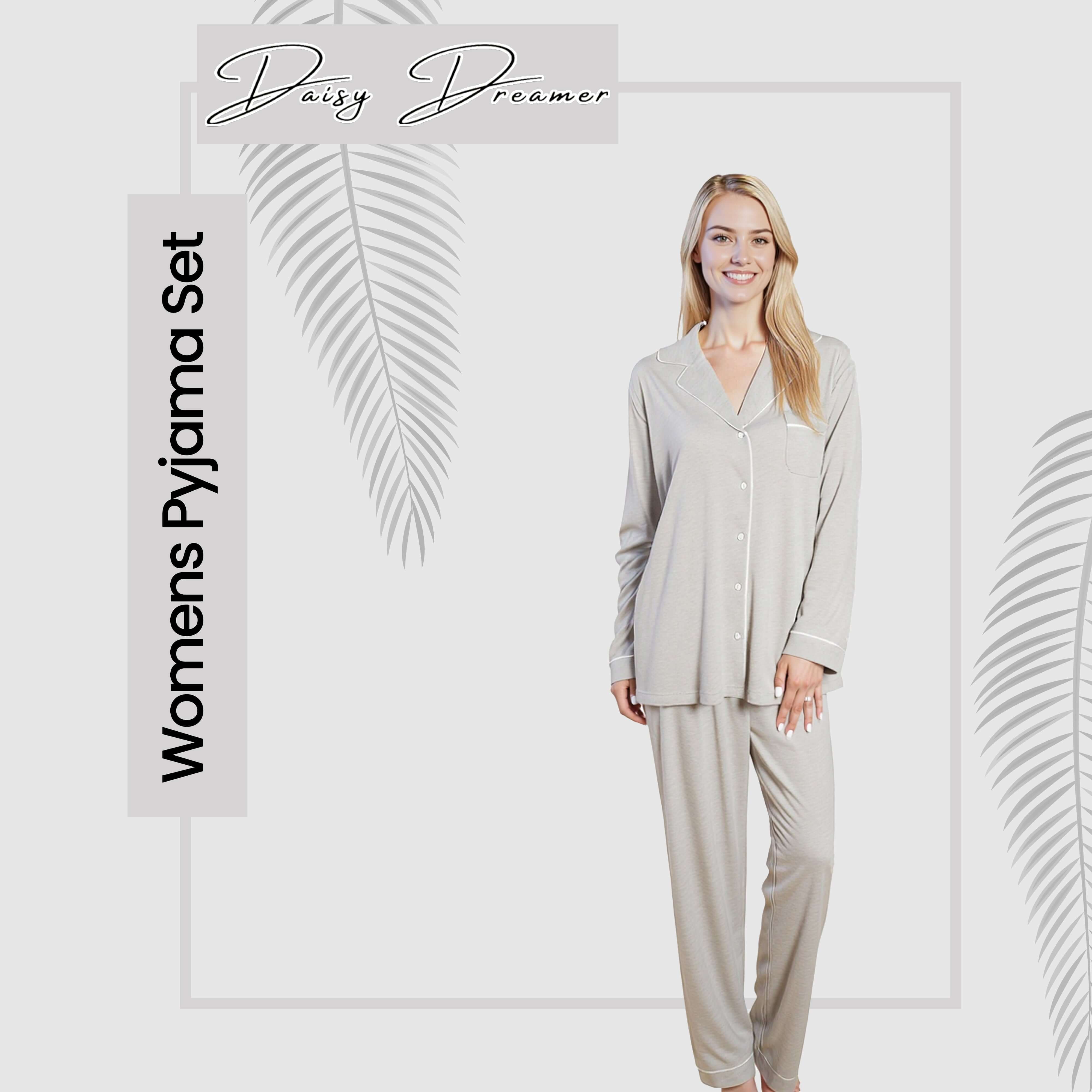 Women's Grey Pyjama Set Soft Touch Long Sleeve Button-Up Top & Bottoms Two-Piece Nightwear by Daisy Dreamer