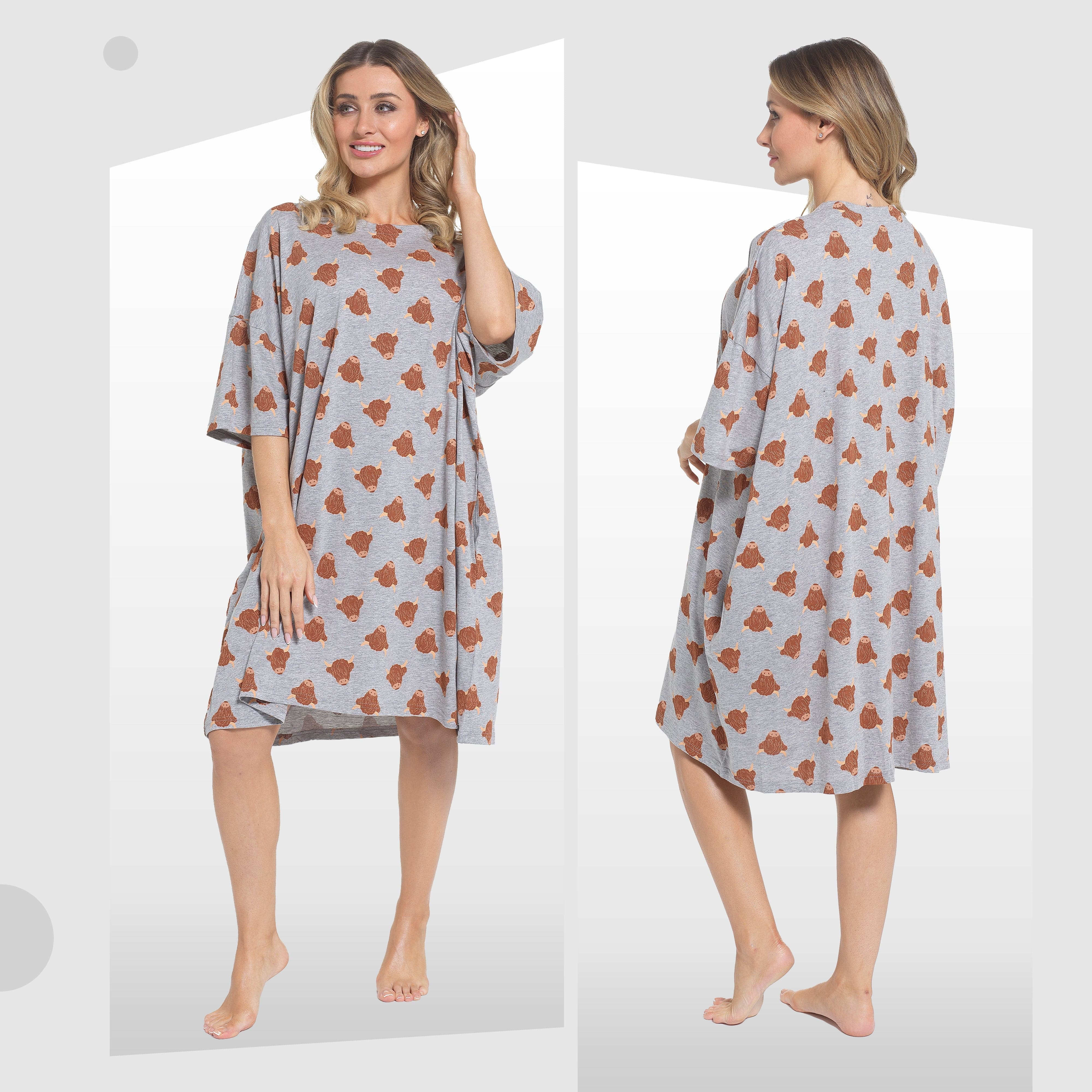 Women's Highland Cow Cream Baggy Nighty Dress Oversized T-Shirt Nighties 100% Cotton Short Sleeved Nightshirt for Ladies by Daisy Dreamer