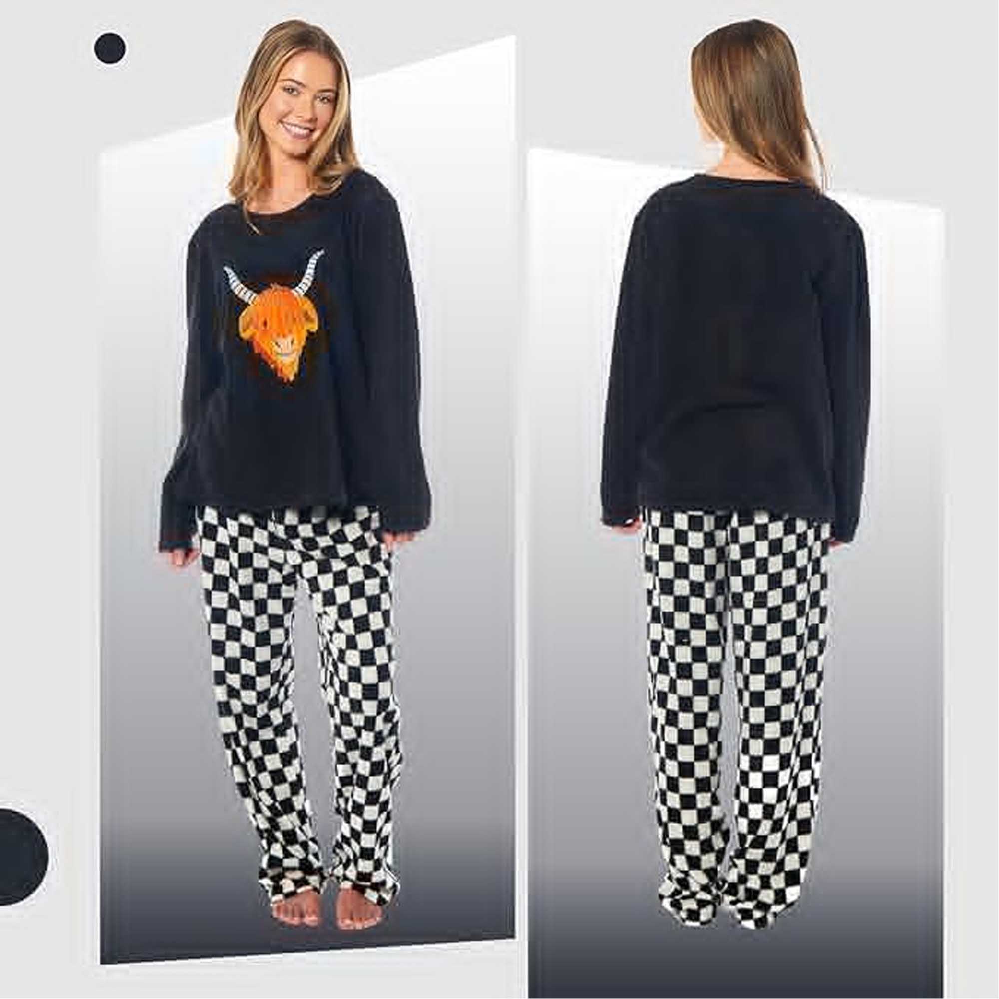 Women's Highland Cow Thermal Fleece Pyjamas Set Soft Warm Winter PJs Animal Print Loungewear Sleepwear Long Sleeve Top and Bottom by Daisy Dreamer