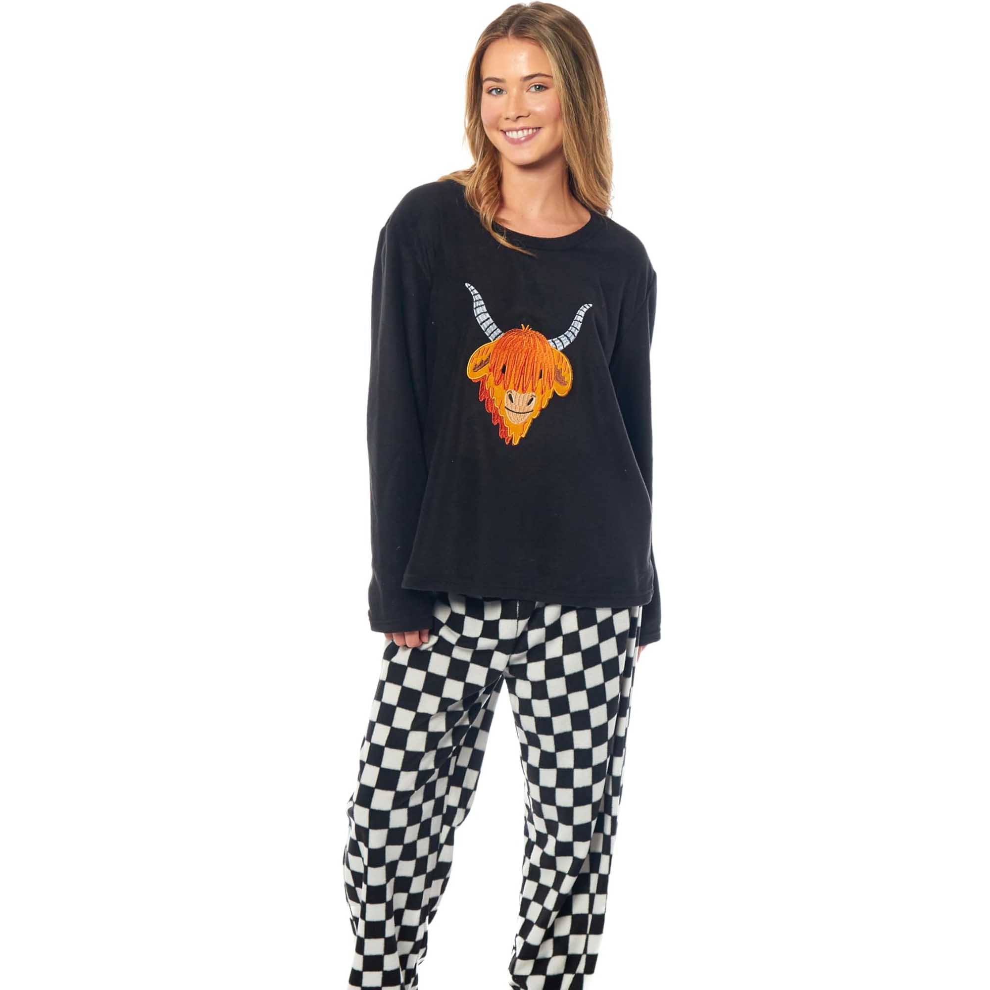 Women's Highland Cow Thermal Fleece Pyjamas Set Soft Warm Winter PJs Animal Print Loungewear Sleepwear Long Sleeve Top and Bottom by Daisy Dreamer