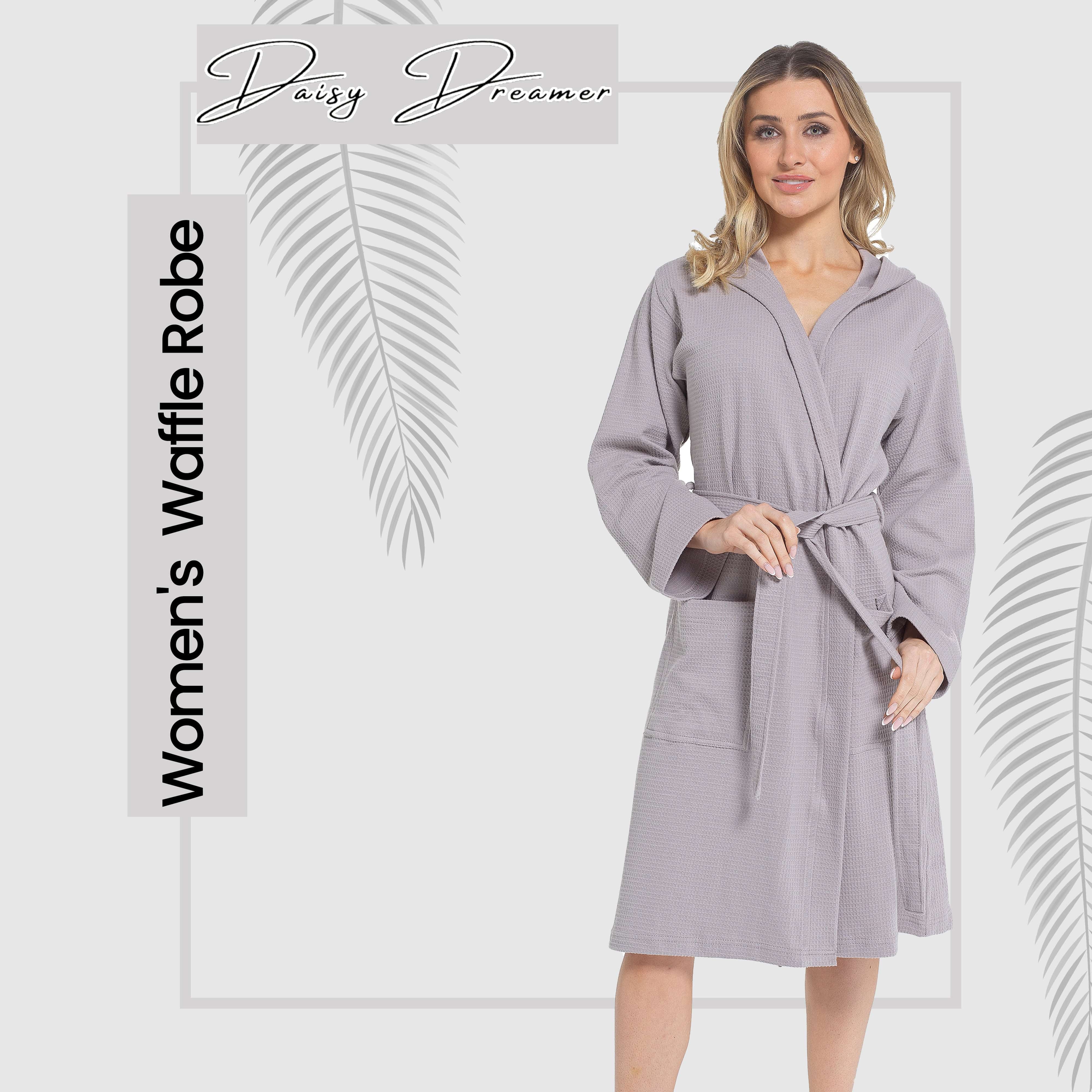 Women's Hooded Waffle Cotton Bathrobe Grey Super Absorbent Spa Dressing Gown for Home Lounge & Travel by Daisy Dreamer