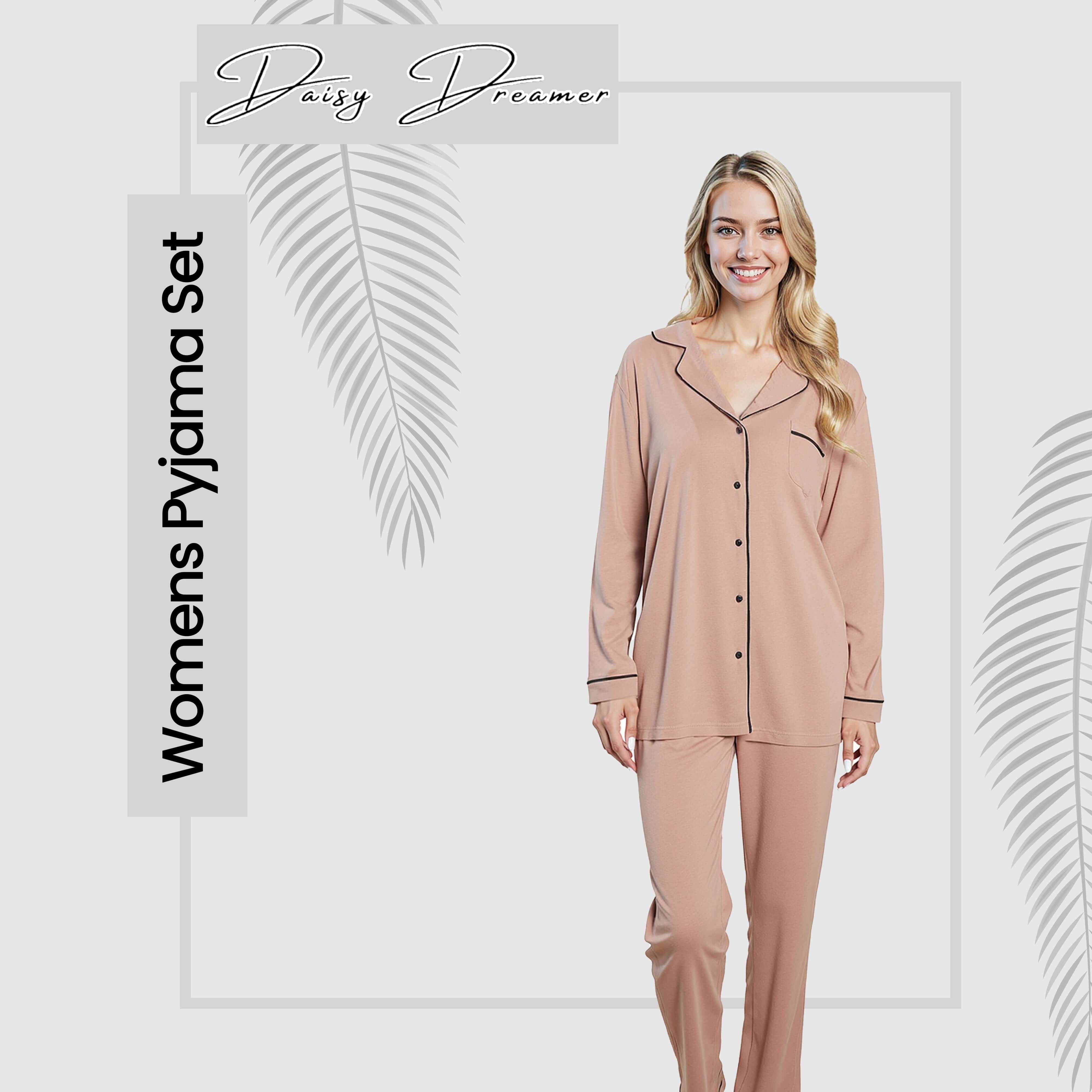 Women's Natural Pyjama Set Soft Touch Long Sleeve Button-Up Top & Bottoms Two-Piece Nightwear by Daisy Dreamer