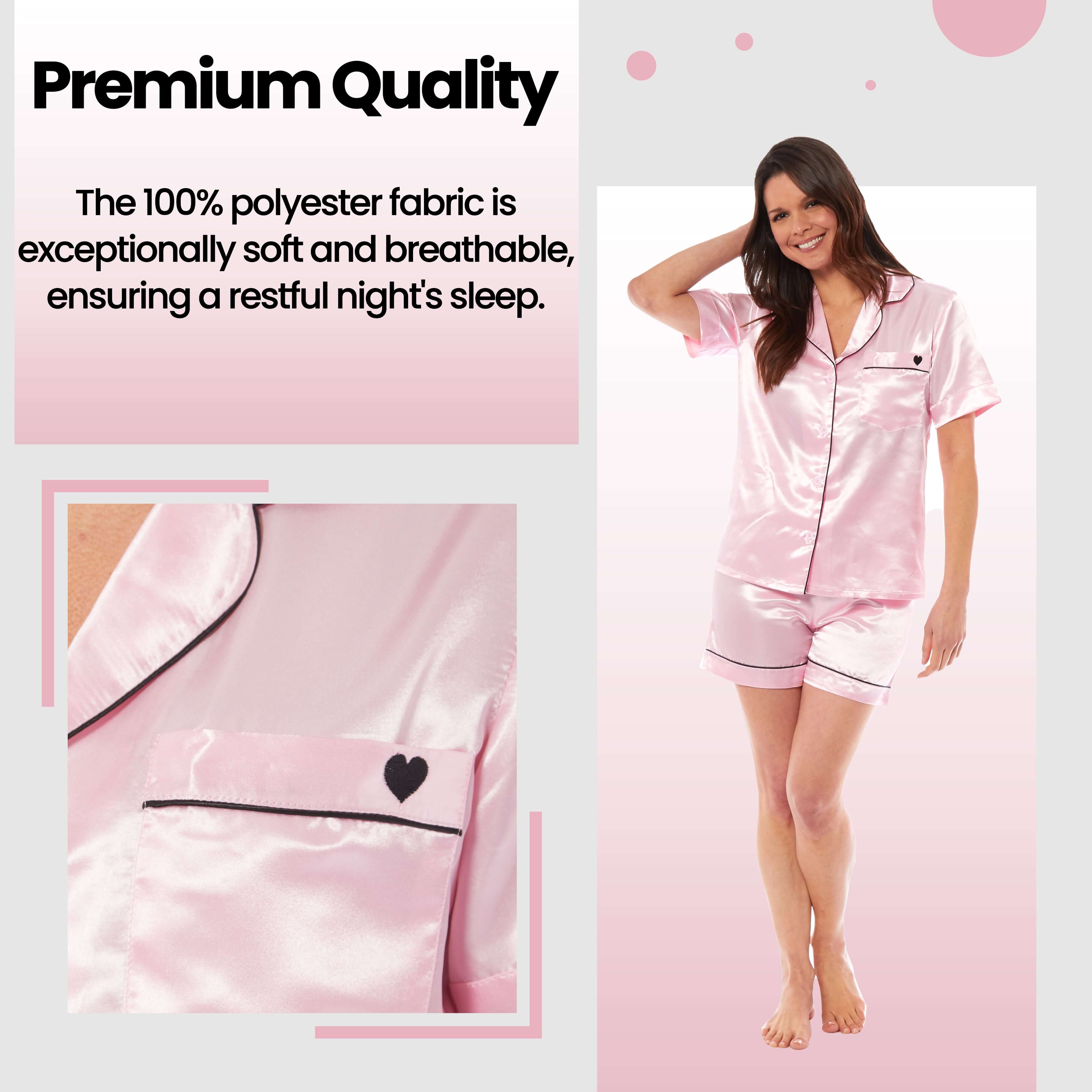 Women's Satin Silk Short Pyjama Set Soft Breathable Nightwear Loungewear PJs Black Pink Grey UK Sizes 8-22 by Daisy Dreamer